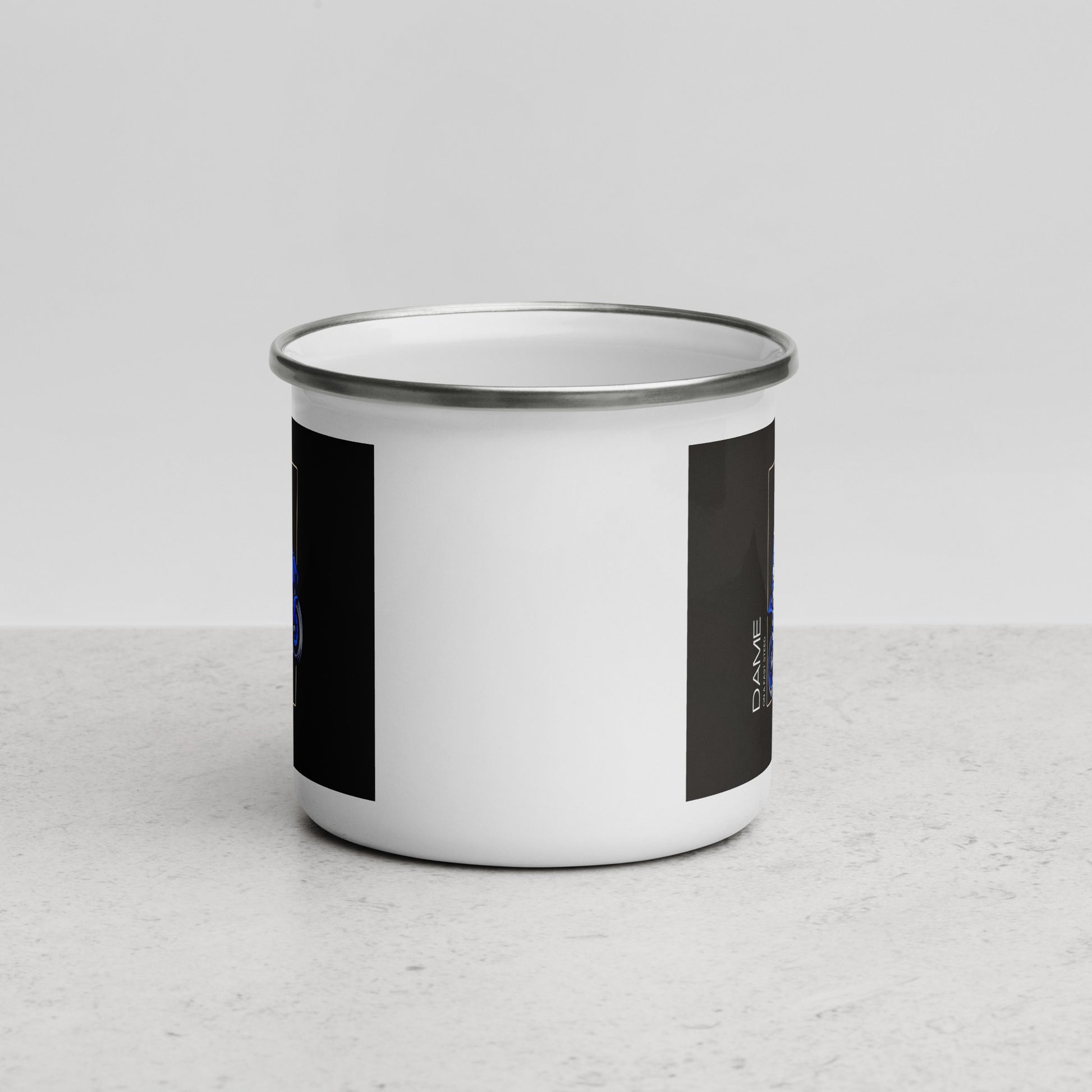White enamel mug with metal rim featuring motorcycle design motorcycle mug gift from The Biker Mule