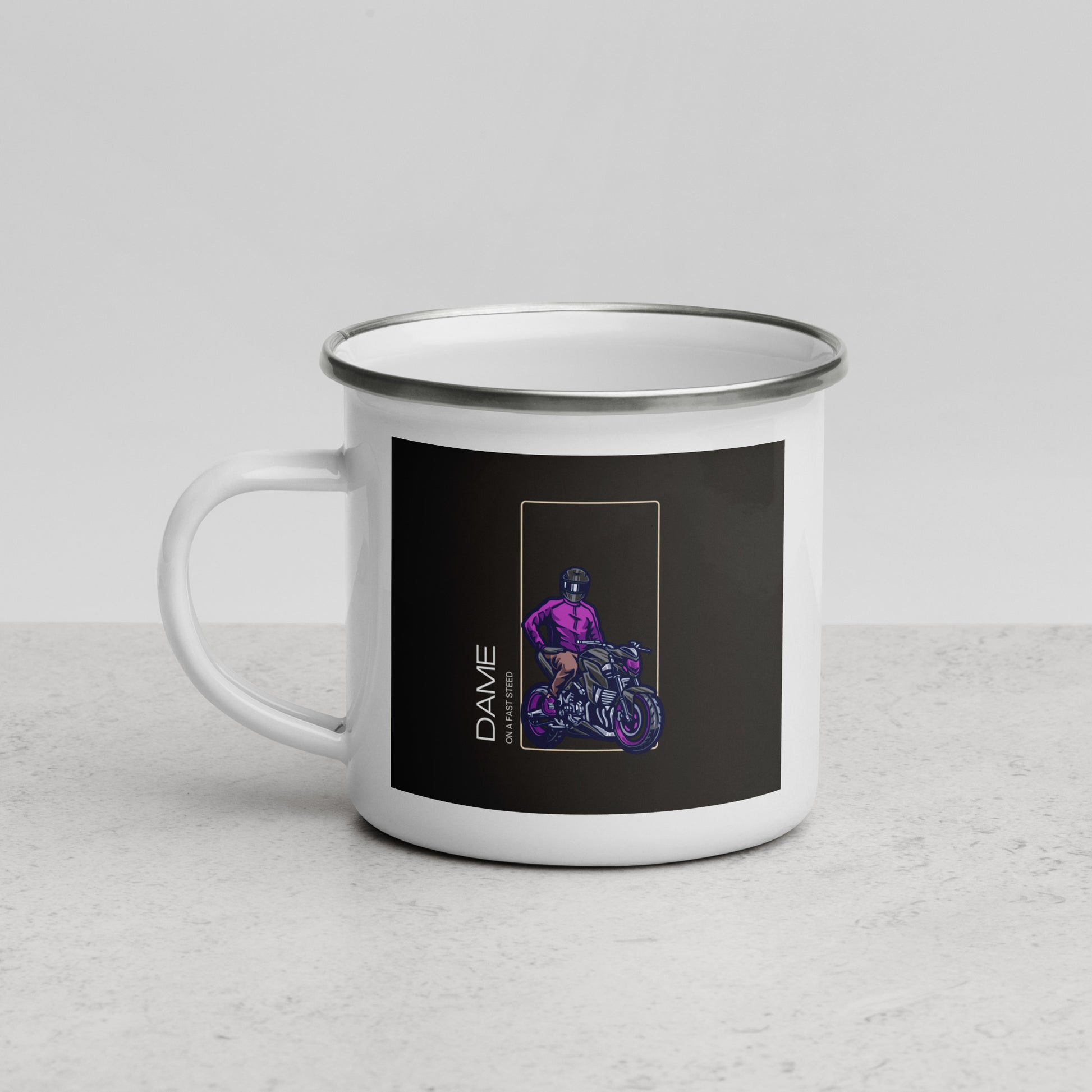 White enamel metal mug featuring a purple motorcycle gift mug design with rider on bike