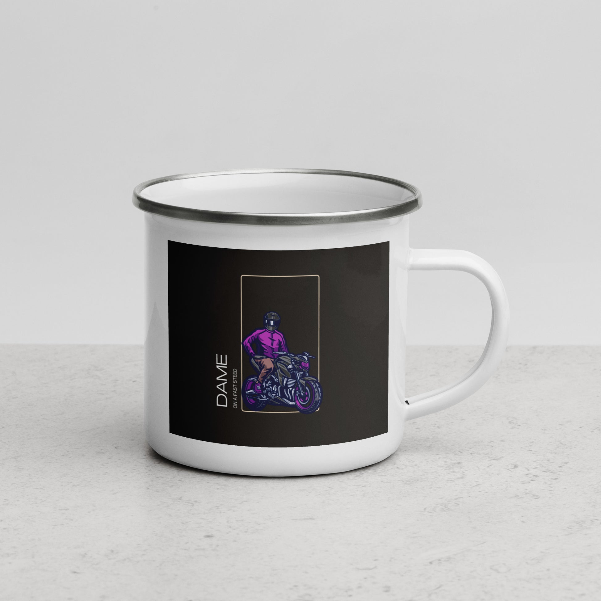White enamel mug featuring a purple motorcycle gift mug design with rider wearing helmet