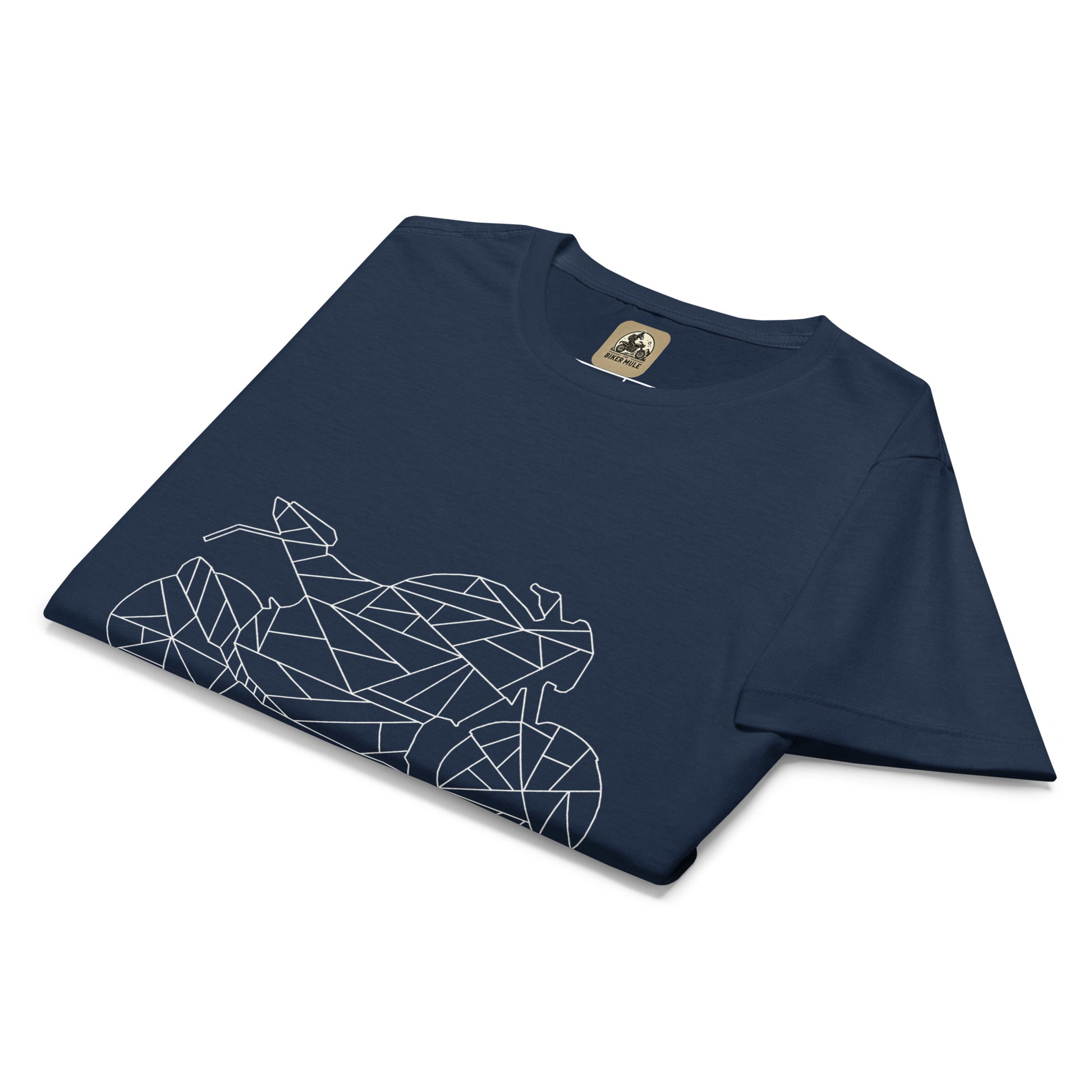 The Biker Mule navy blue women motorcycle t-shirt with geometric motorcycle design