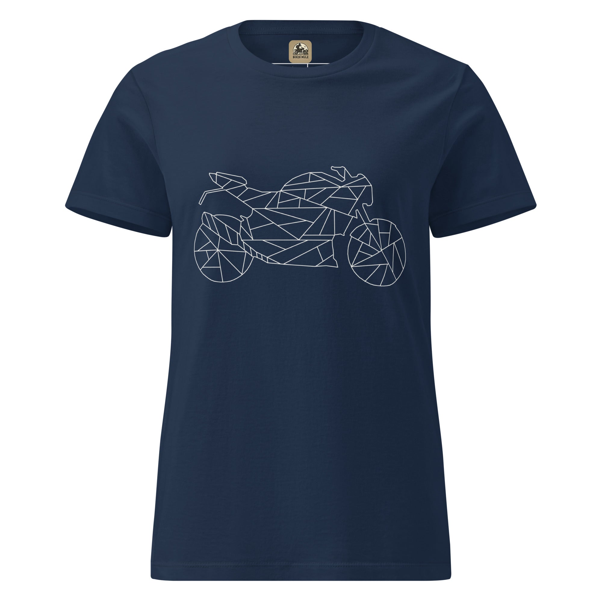 The Biker Mule navy blue women motorcycle t-shirt featuring a geometric motorcycle design