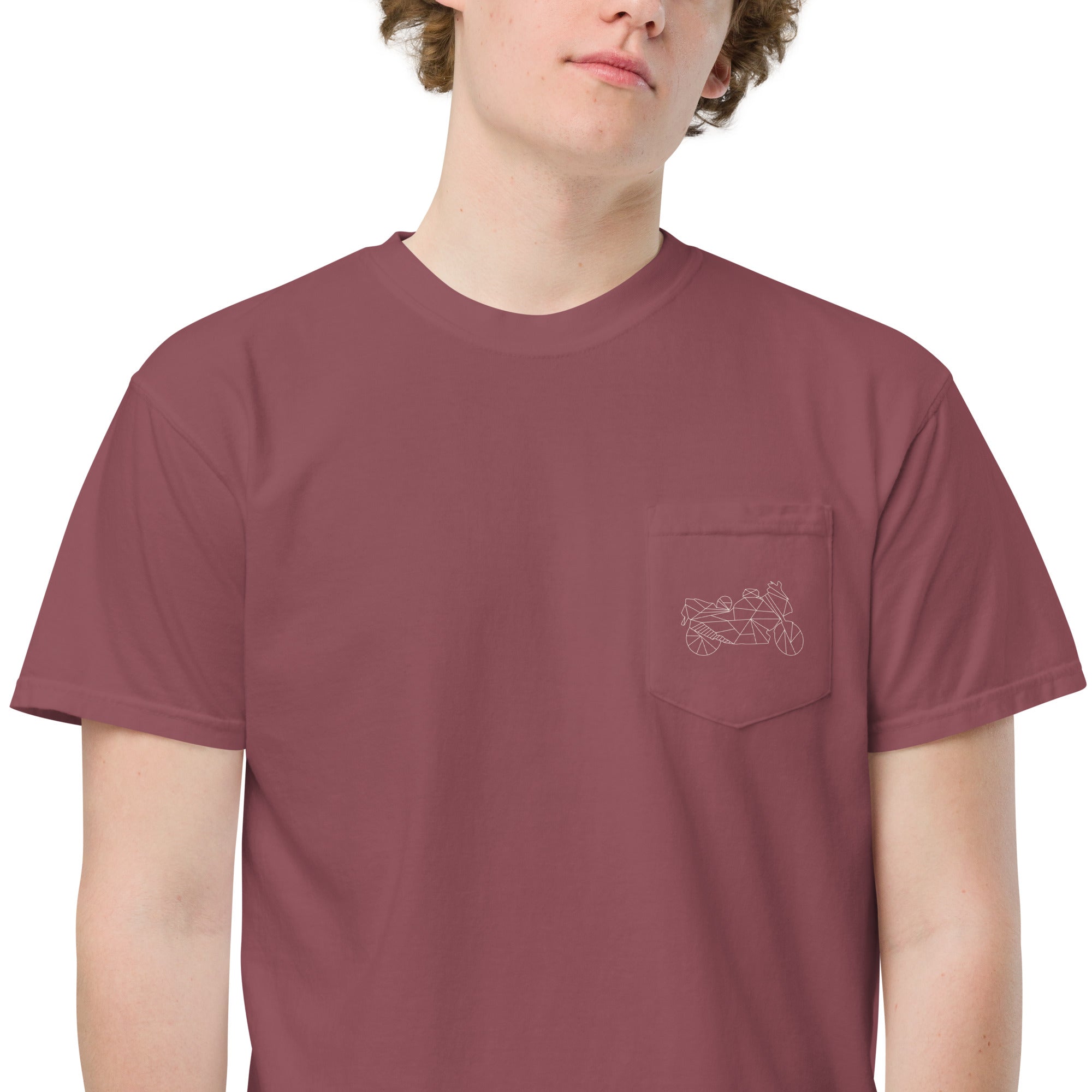 Men motorcycle pocket shirt in maroon with embroidered motorcycle design on the chest pocket