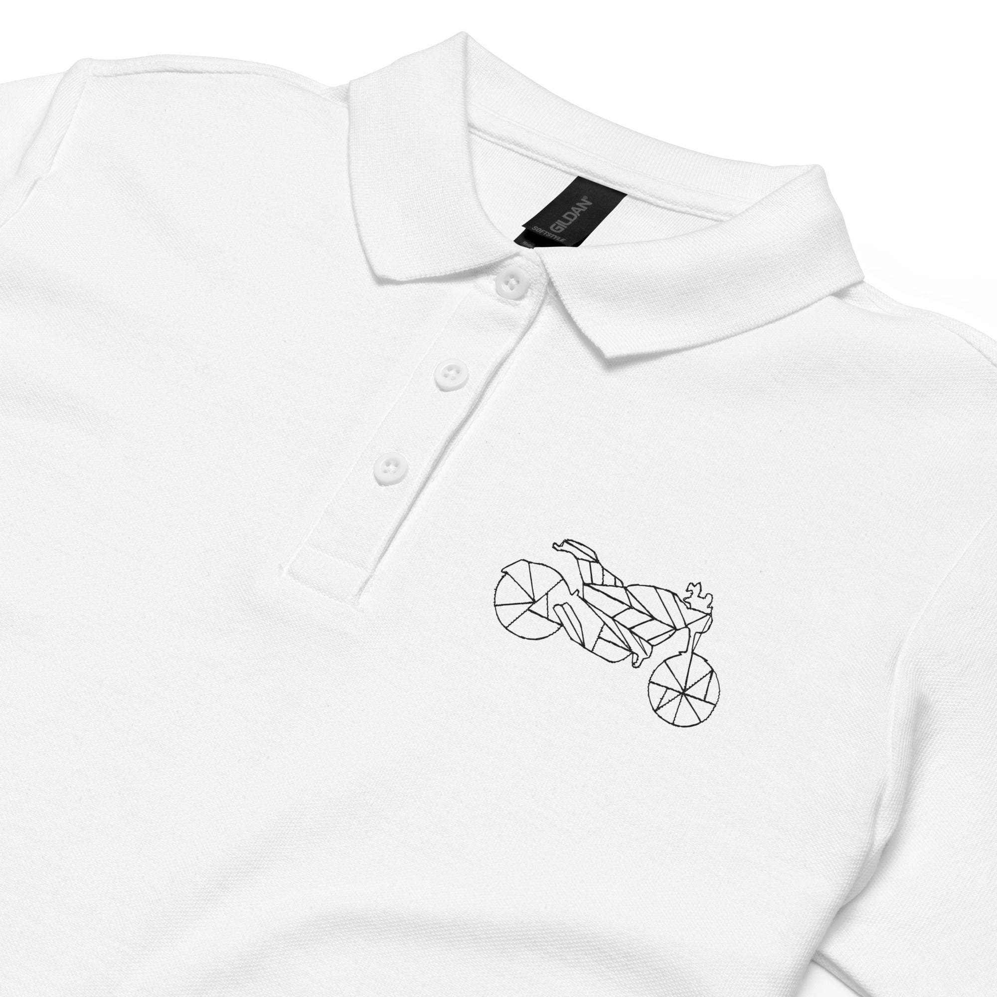 White women motorcycle polo shirt from The Biker Mule with black stitched motorcycle design