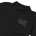 Black women's motorcycle polo shirt with geometric motorcycle embroidery on the chest