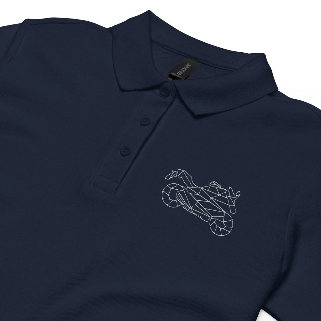 The Biker Mule navy women's motorcycle polo shirt with geometric motorcycle logo embroidery