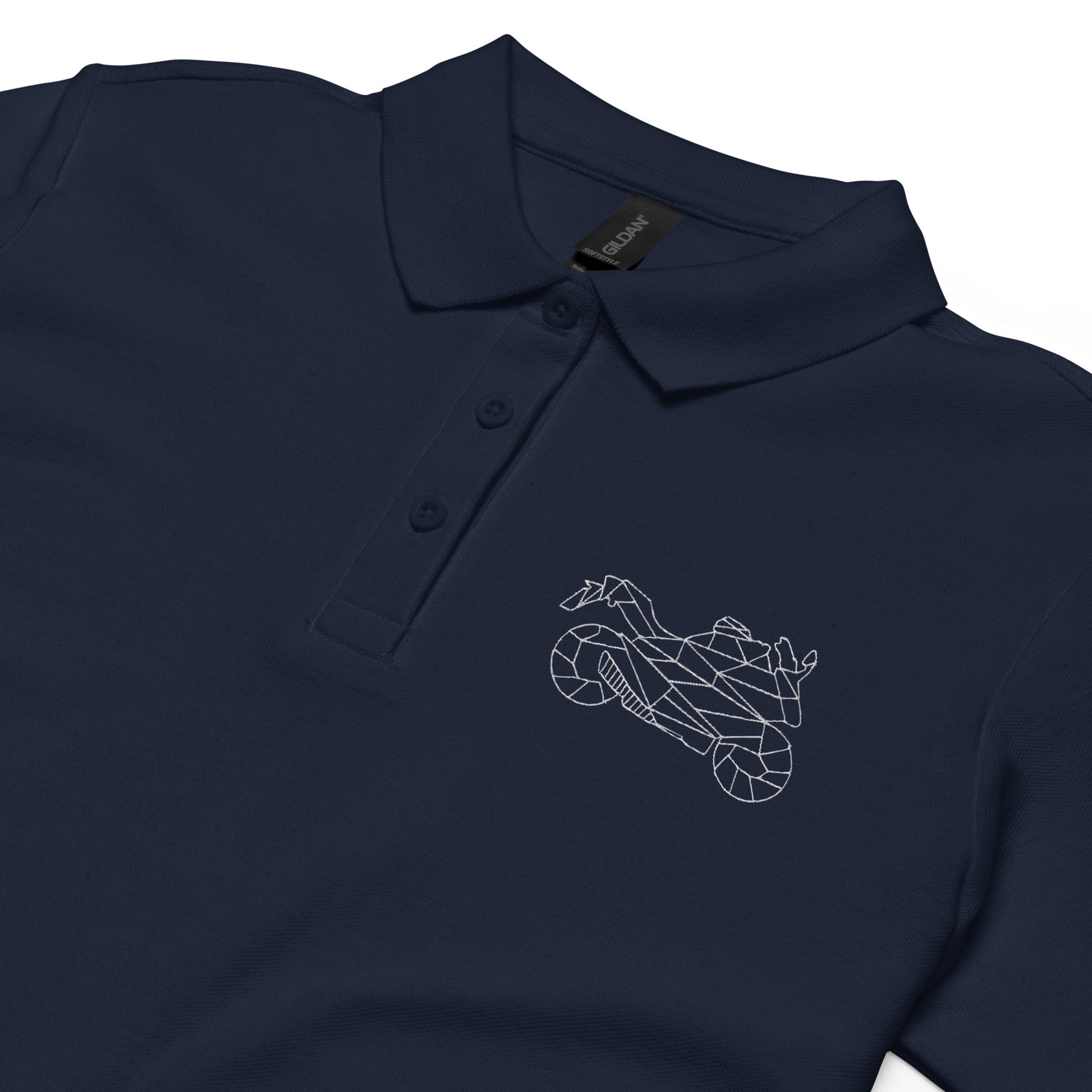 The Biker Mule navy women's motorcycle polo shirt with geometric motorcycle logo embroidery