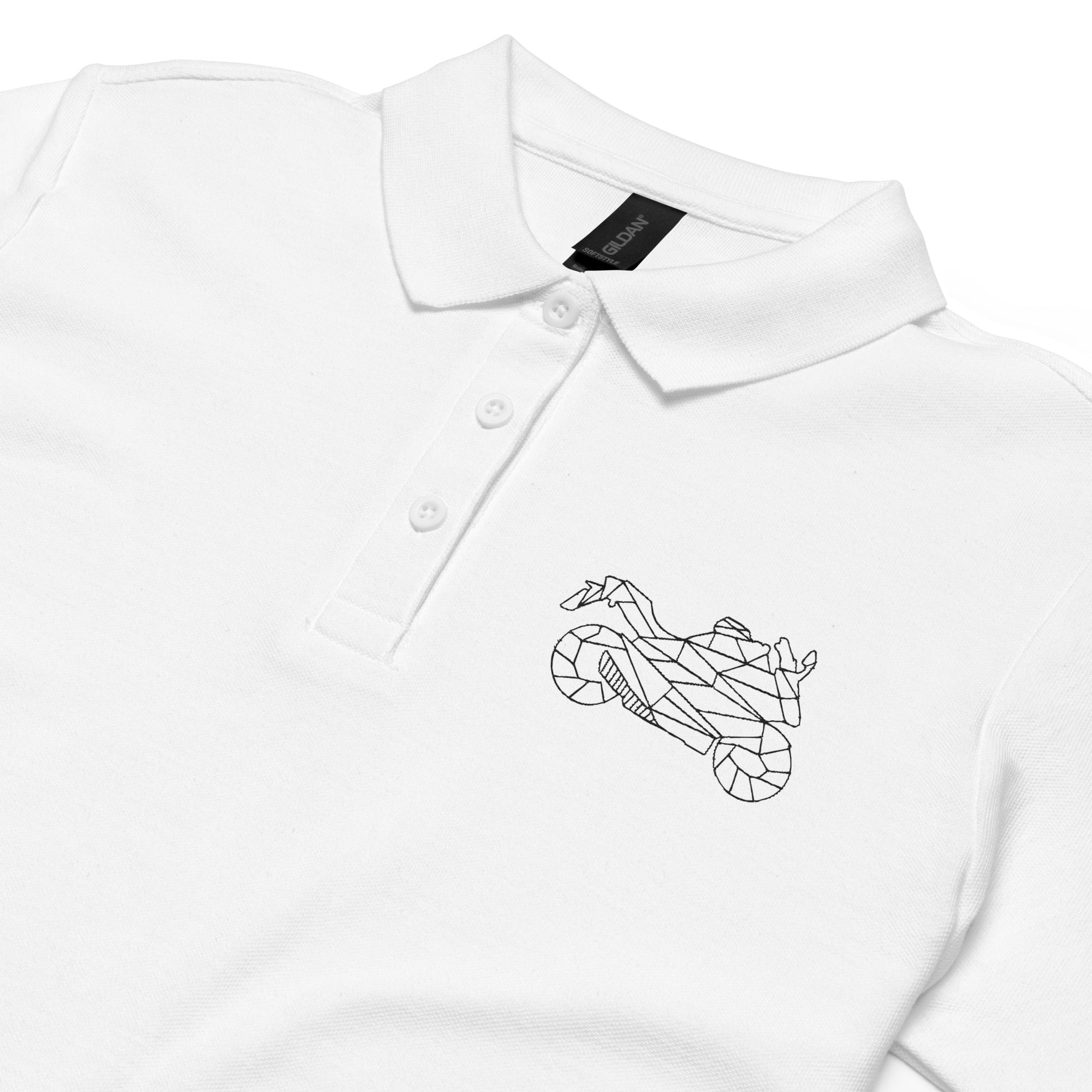 White women's motorcycle polo shirt with geometric motorcycle logo on chest from The Biker Mule