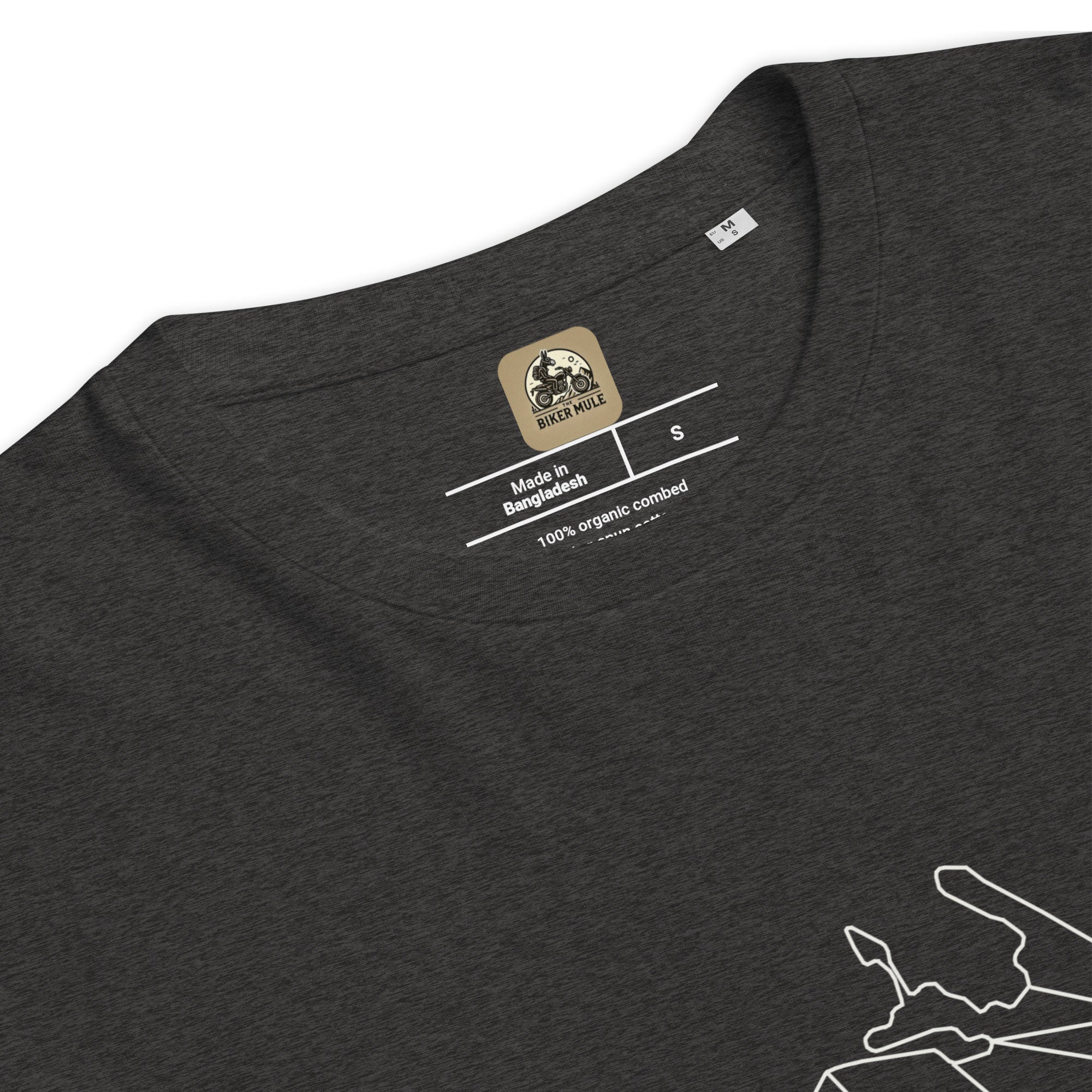 The Biker Mule GS bike shirt for riders in dark gray organic cotton with printed neckline and size small