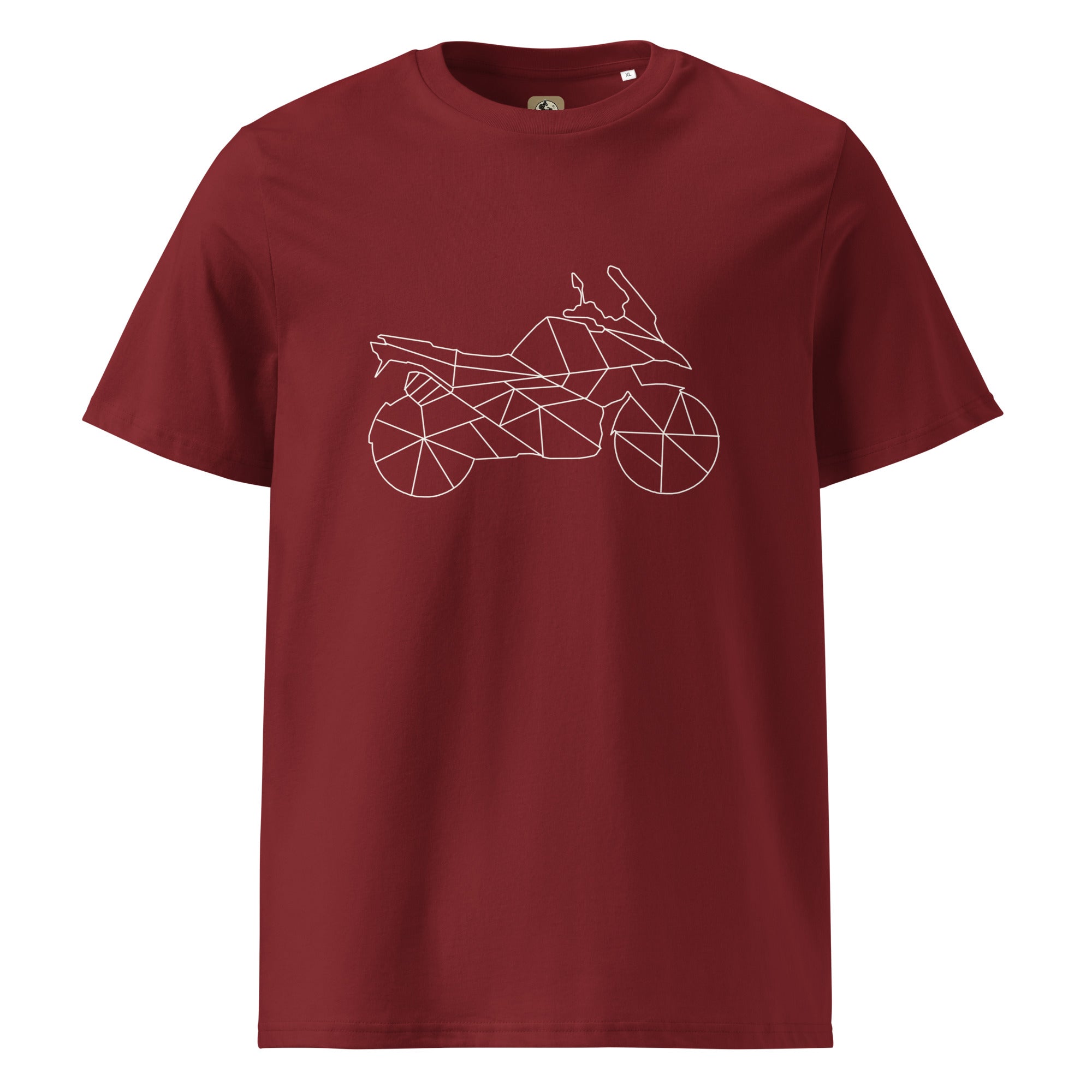 Maroon GS bike shirt for riders with geometric motorcycle design by The Biker Mule