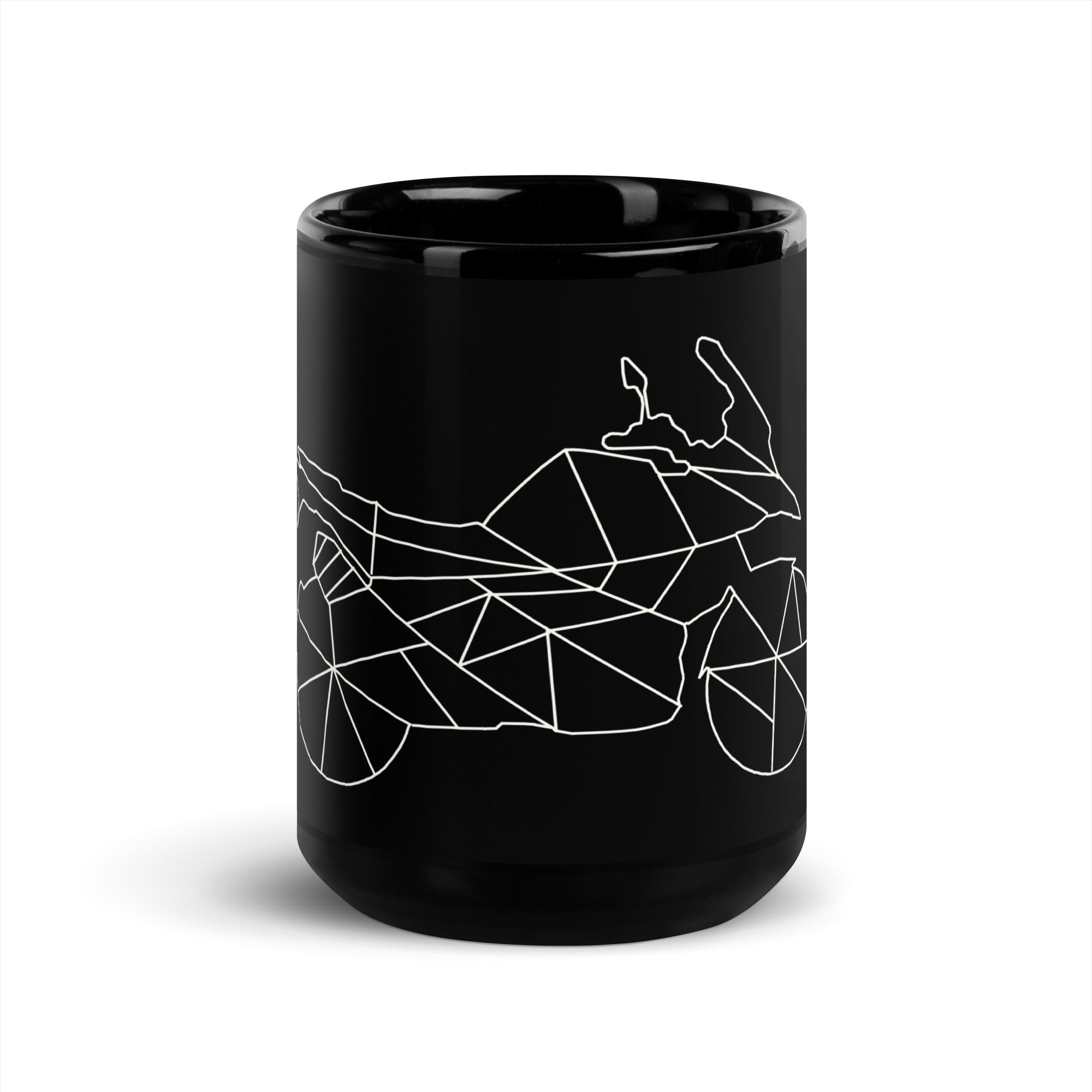 Black coffee mug with geometric white line art of a motorcycle by The Biker Mule GS motorcycle gift