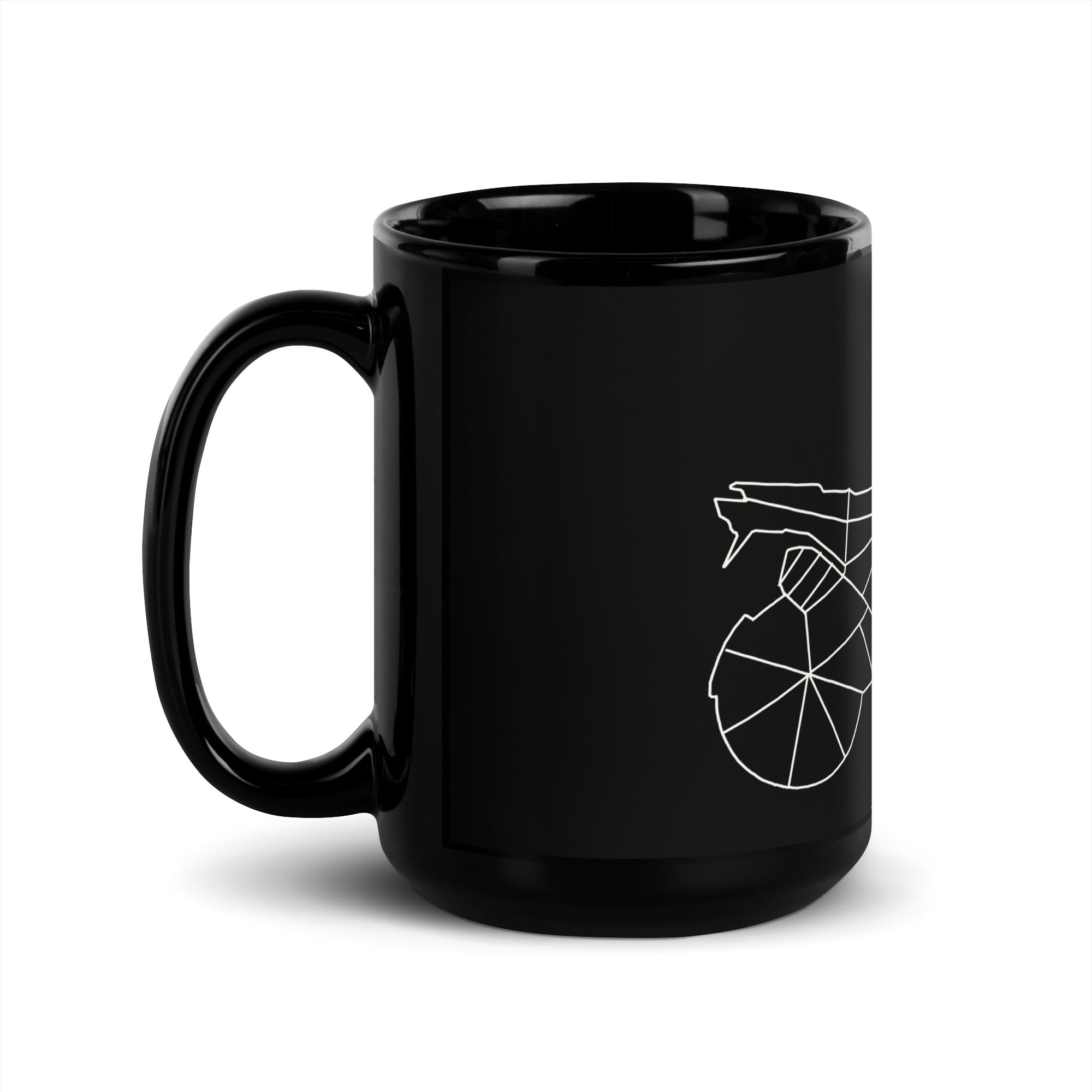 Black ceramic coffee mug with minimalist white GS motorcycle gift line art design