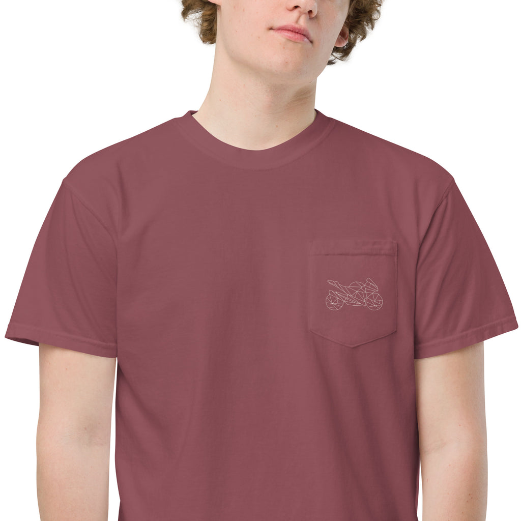 Man wearing maroon GSX-R pocket shirt for men with subtle motorcycle design on chest pocket