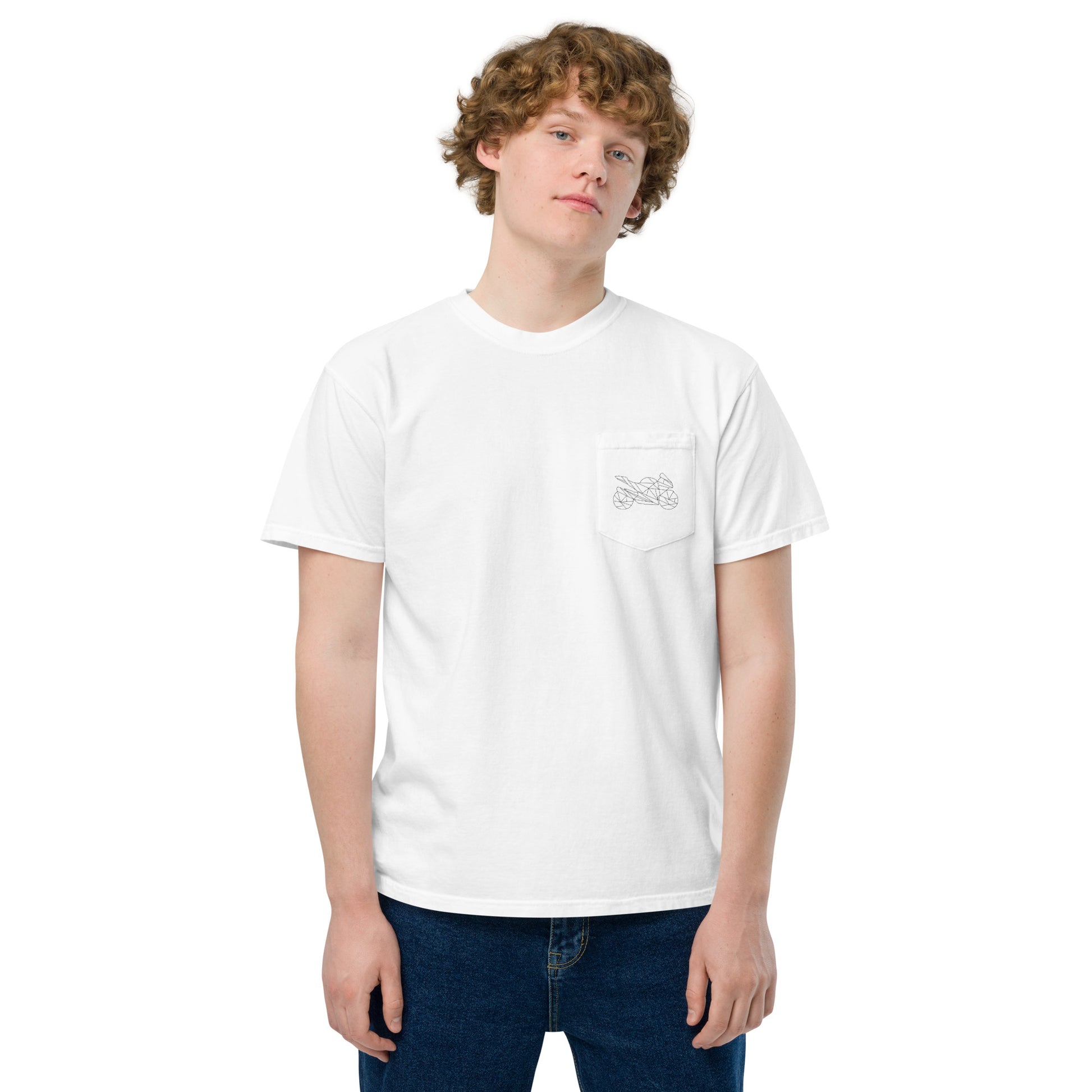 The Biker Mule GSX-R pocket shirt for men in white with motorcycle graphic on the chest pocket