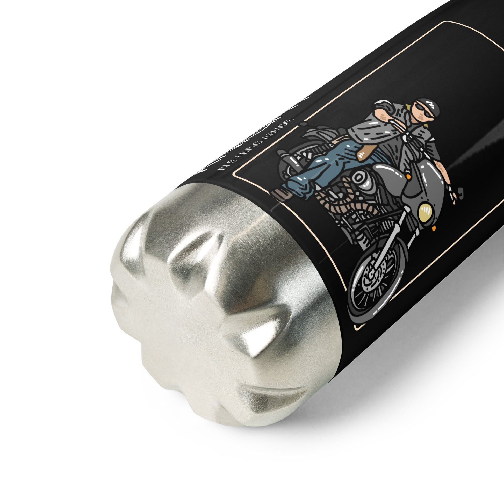 The Biker Mule KISA motorcycle water bottle with black finish and motorcyclist graphic on the side