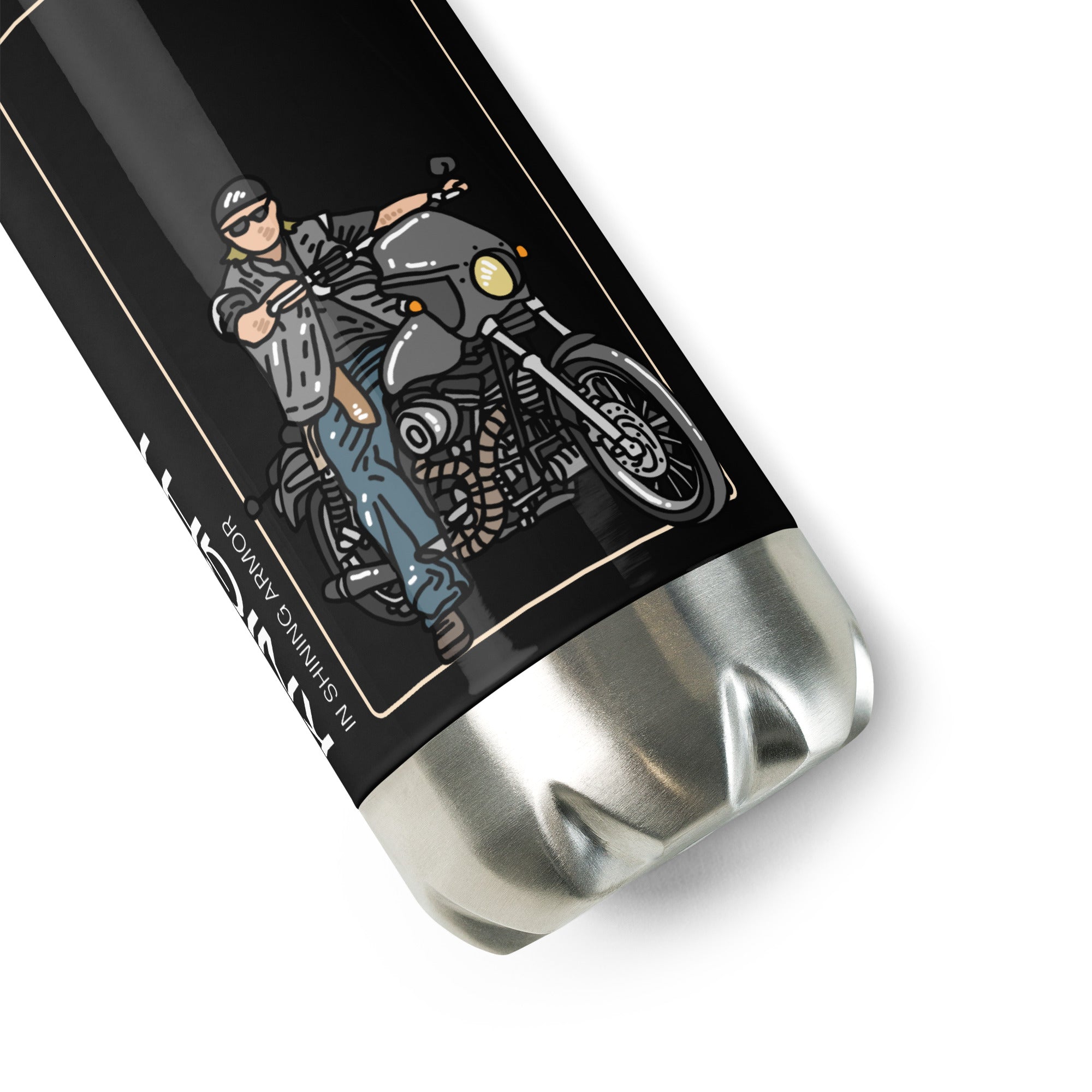 Close-up of The Biker Mule KISA motorcycle water bottle with biker graphic and stainless steel base