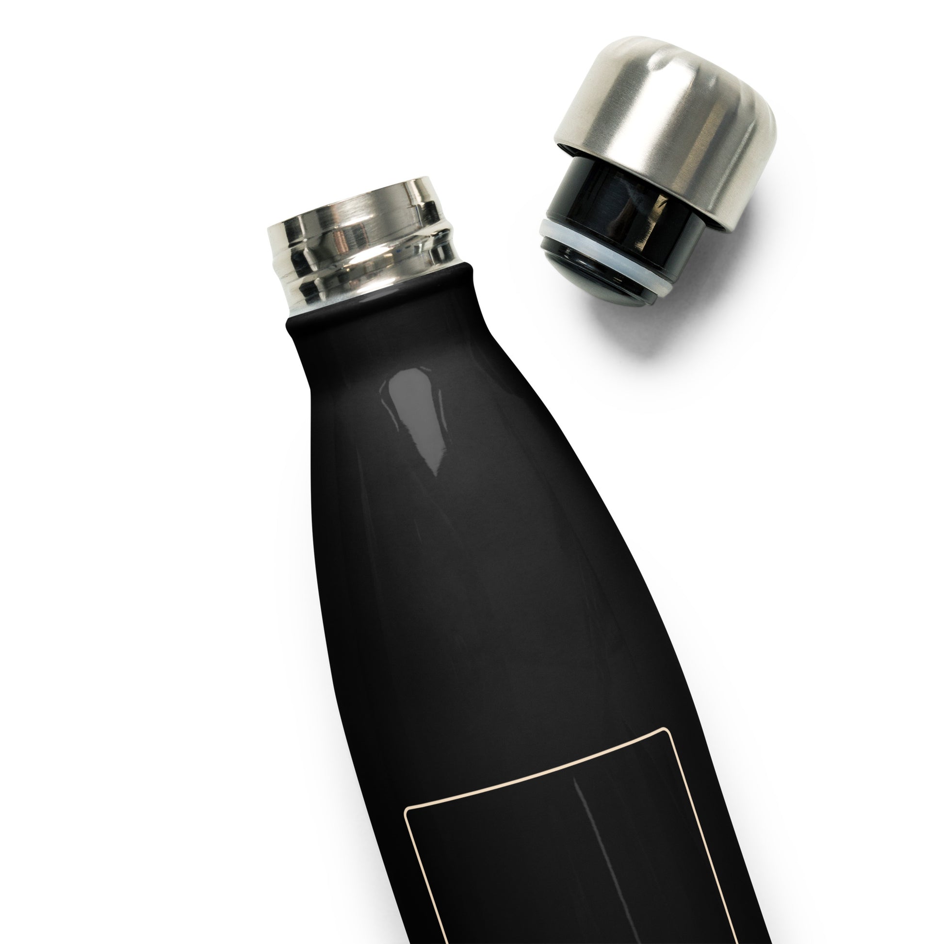 The Biker Mule black KISA motorcycle water bottle with stainless steel cap removed