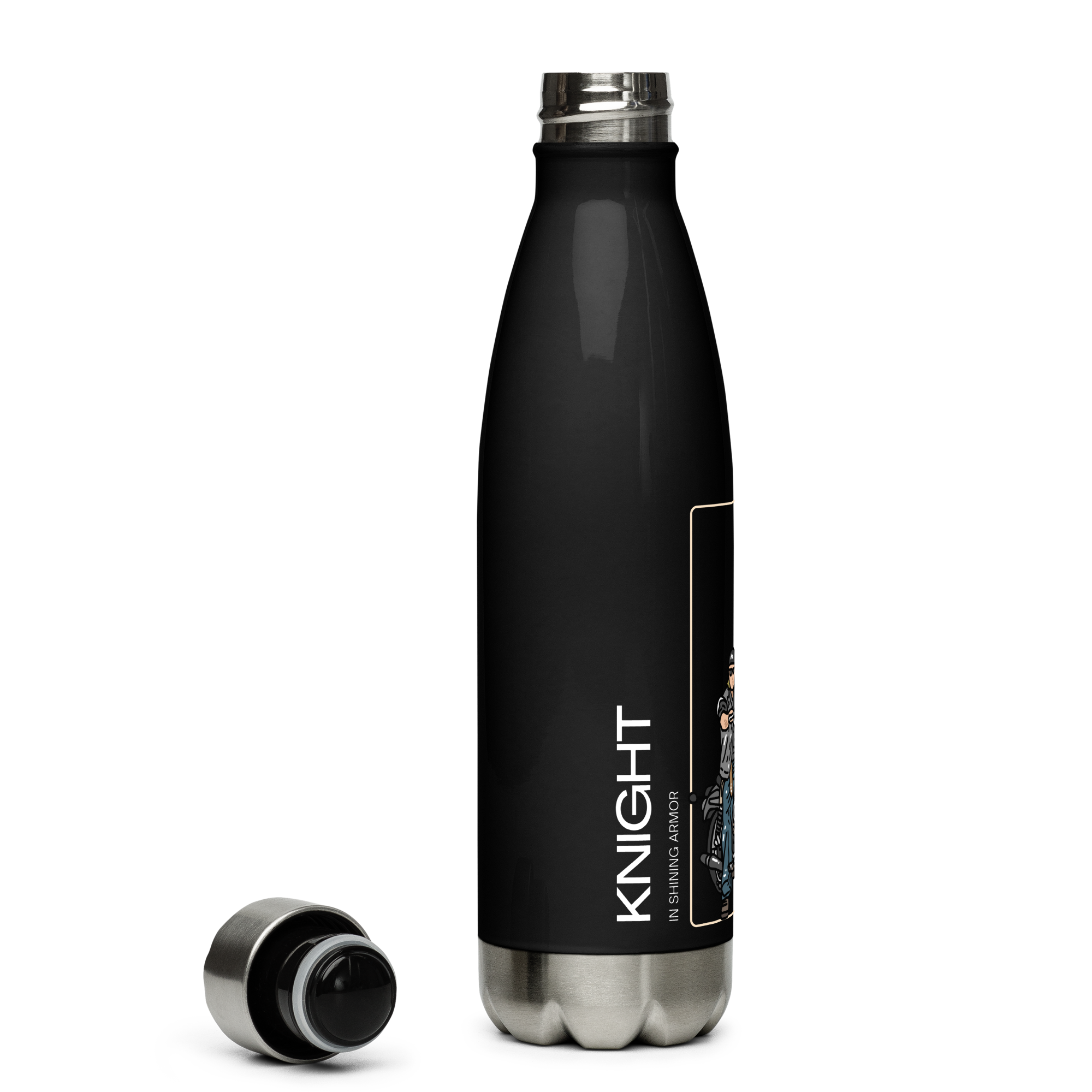 Black Knight stainless steel KISA motorcycle water bottle with silver cap from The Biker Mule