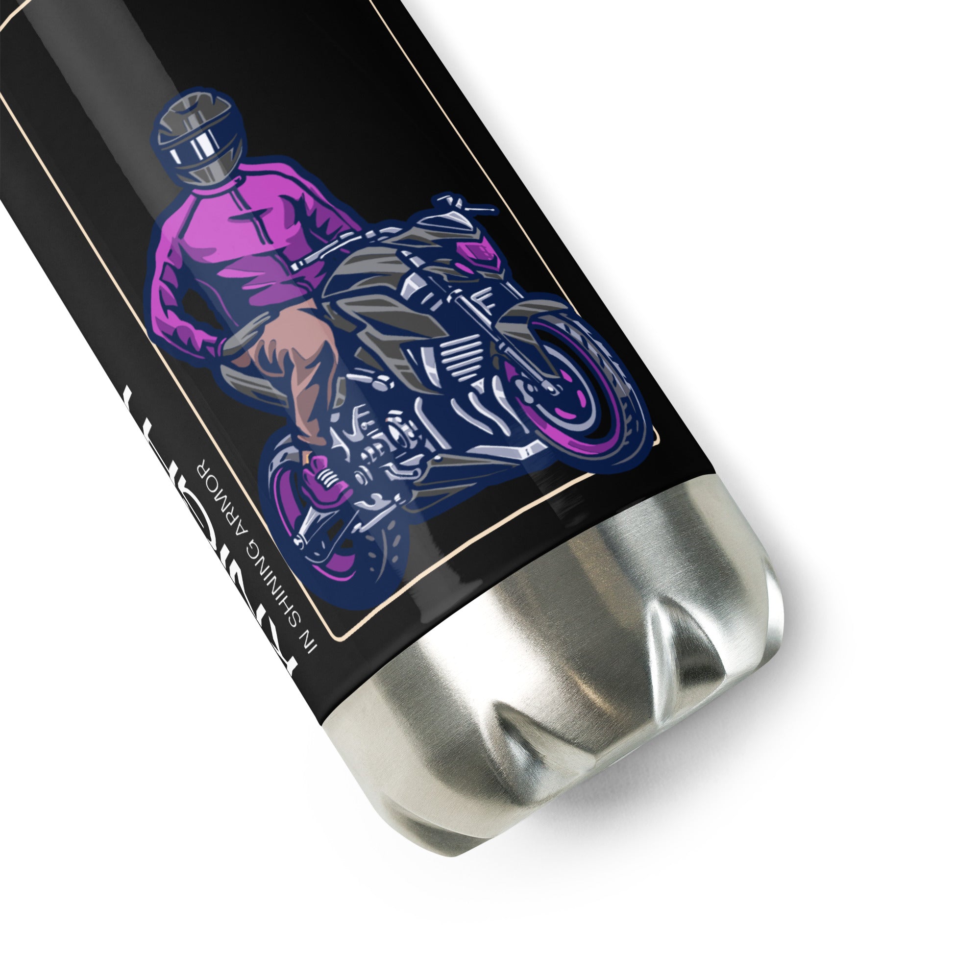 The Biker Mule motorcycle water bottle accessory with stainless steel base and biker graphic design