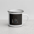 The Biker Mule motorcycle mug gift white enamel cup with biker graphic and knight text
