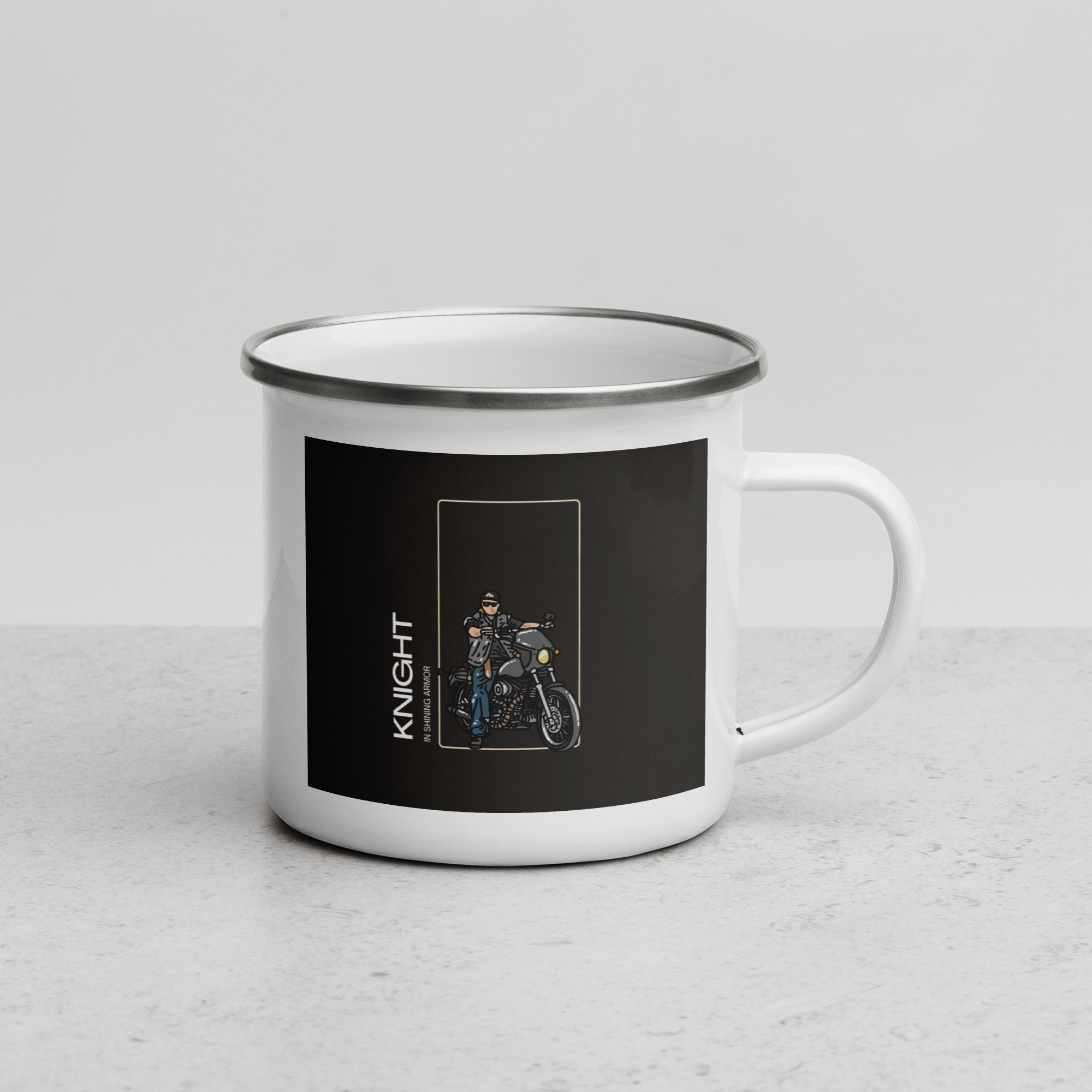 The Biker Mule motorcycle mug gift white enamel cup with biker graphic and knight text