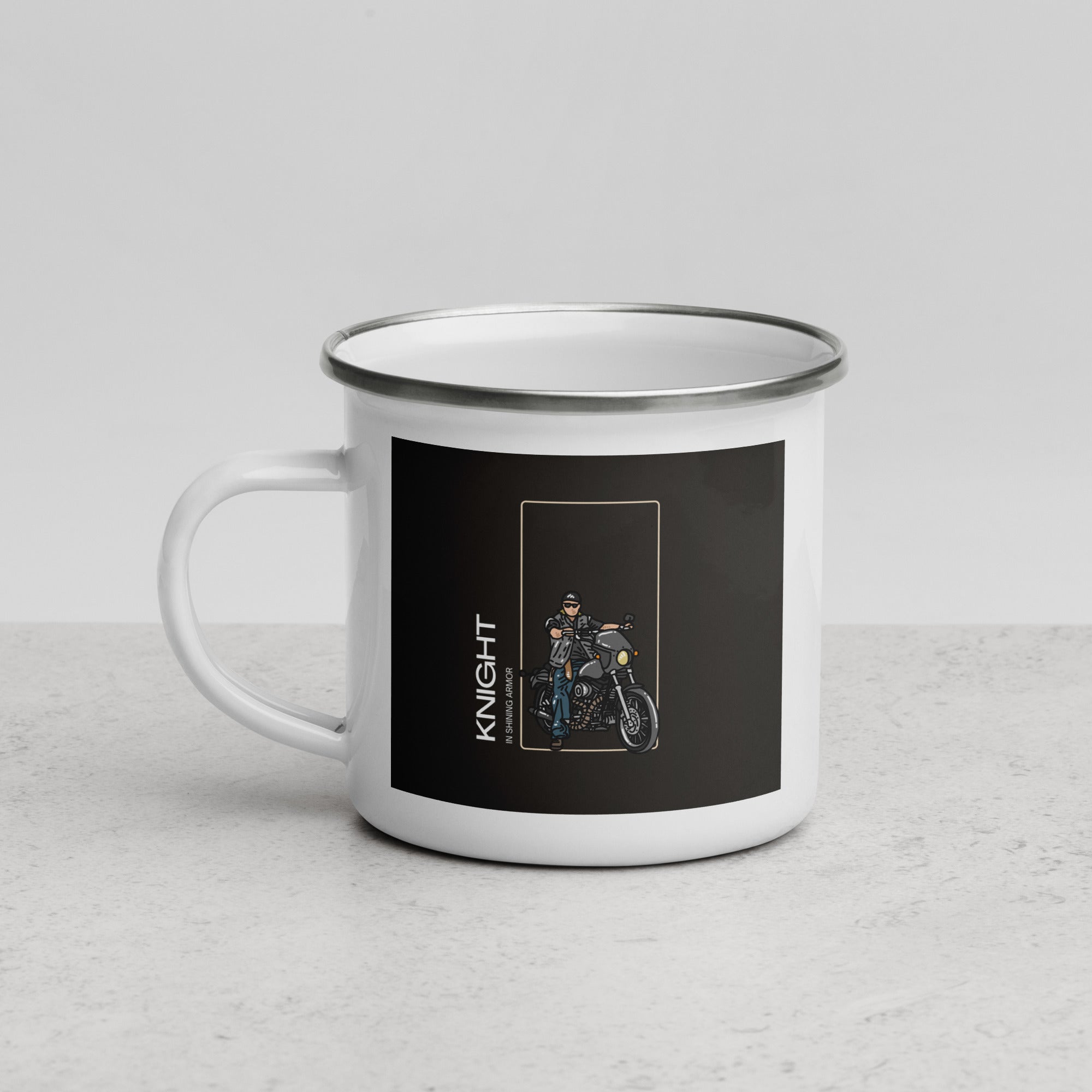 White enamel mug with black panel featuring a motorcyclist and text Knight the biker mule motorcycle mug gift