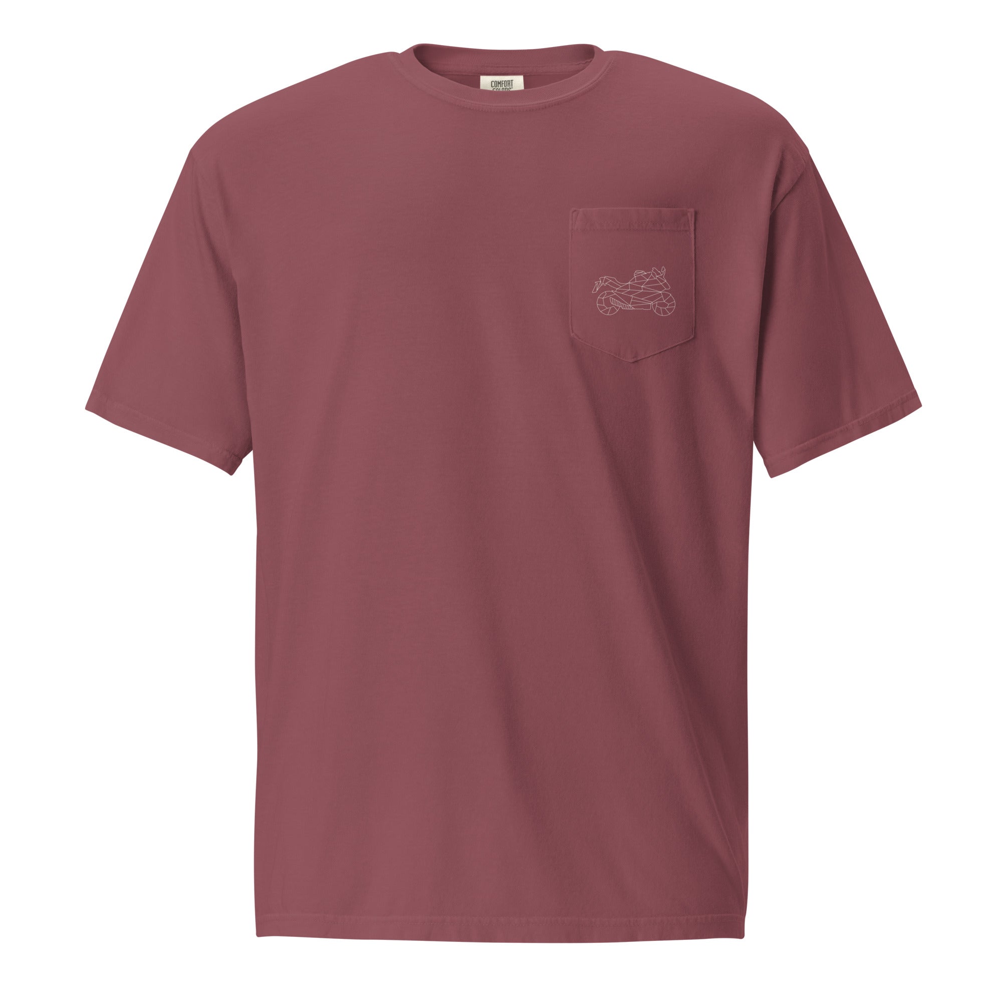 The Biker Mule maroon motorcycle pocket shirt with short sleeves and embroidered bike design on pocket