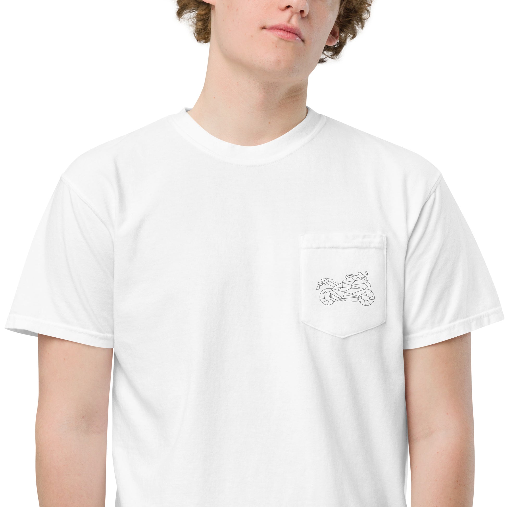 White motorcycle pocket shirt with small embroidered motorcycle design on front pocket