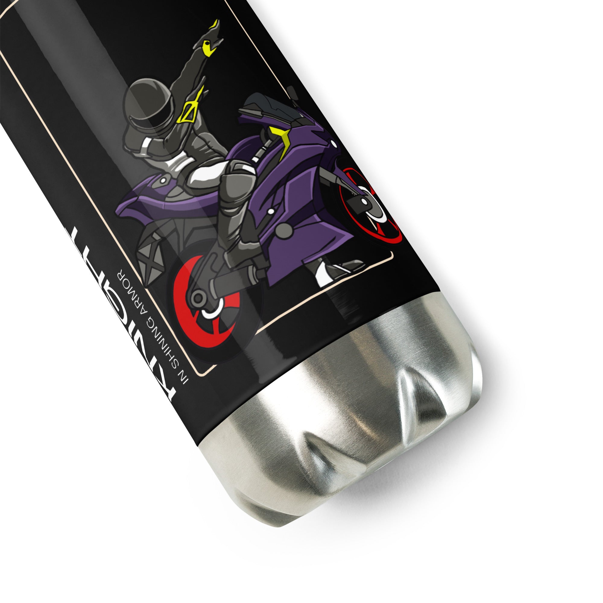The Biker Mule motorcycle accessories bottle with black design featuring a motorcyclist on a purple bike