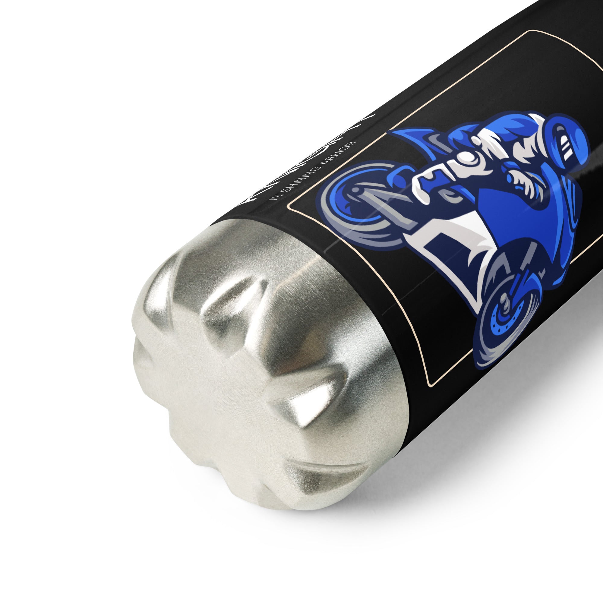 The Biker Mule motorcycle accessory water bottle with stainless steel base and blue biker graphic