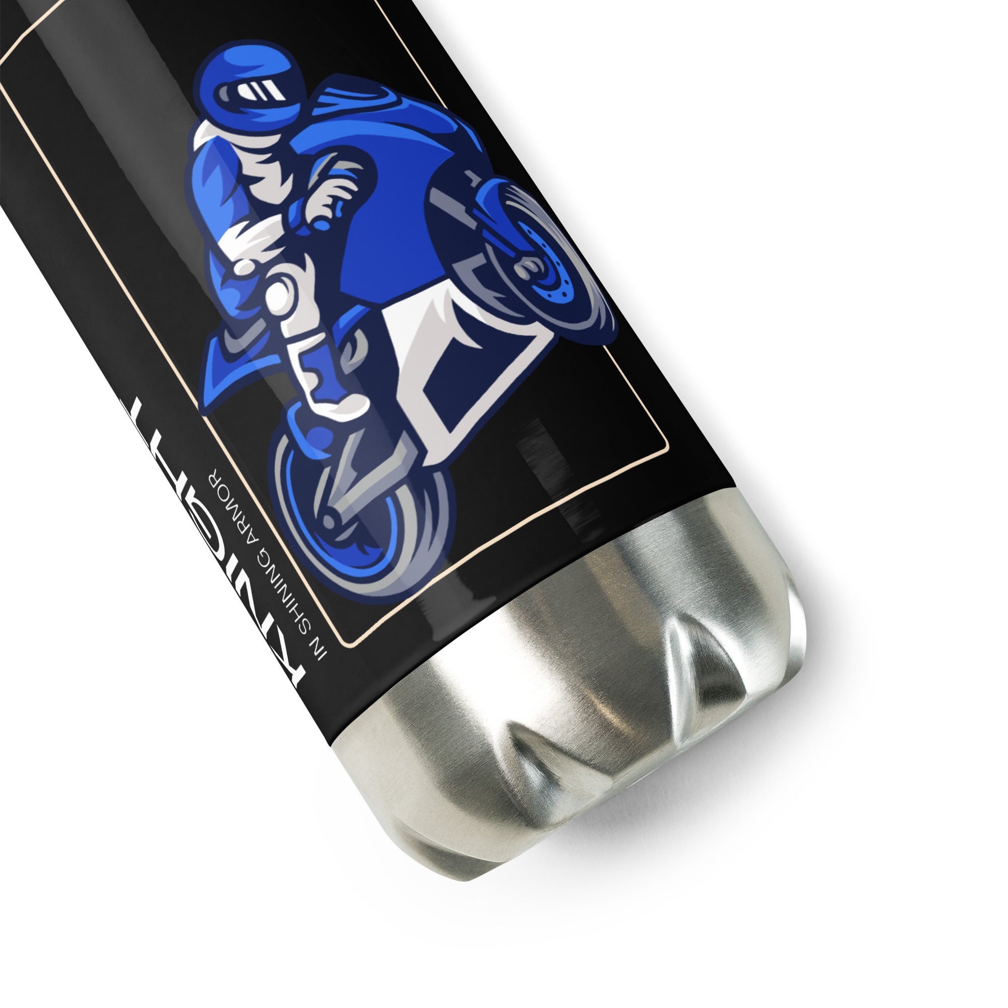 The Biker Mule motorcycle accessory water bottle with blue motorcyclist graphic and stainless steel base