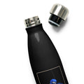 Black stainless steel motorcycle accessory water bottle with a silver screw-on cap removed