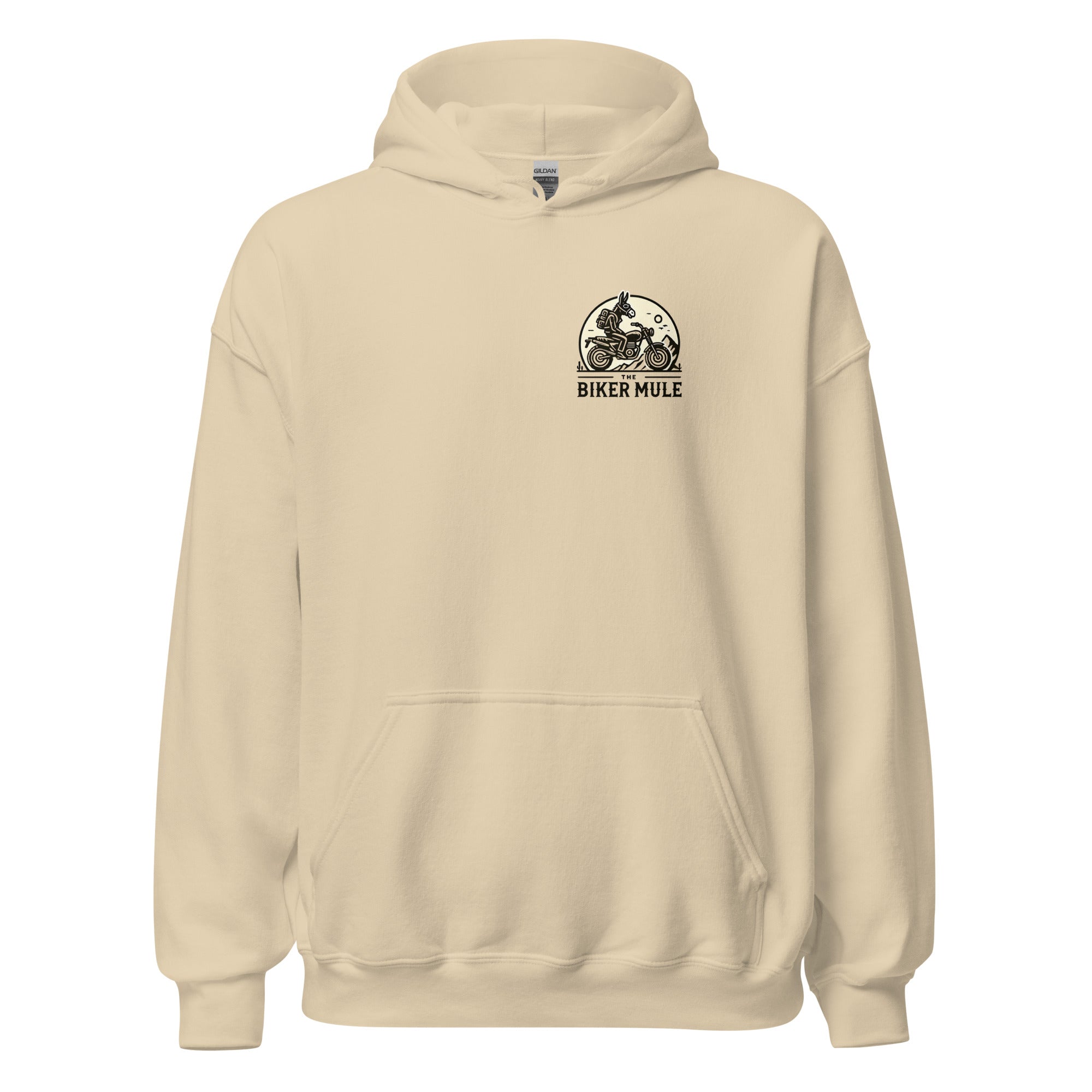 Beige hoodie from The Biker Mule with motorcycle enthusiast merchandise logo on chest