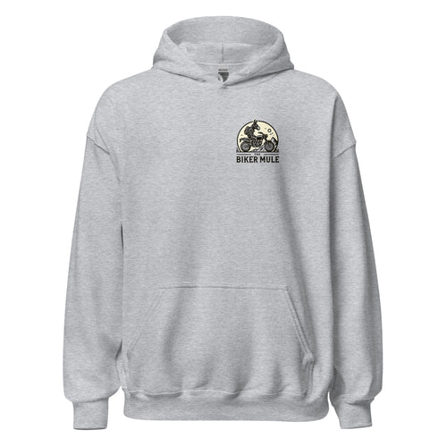 The Biker Mule gray hoodie with motorcycle graphic logo perfect for motorcycle enthusiast merchandise