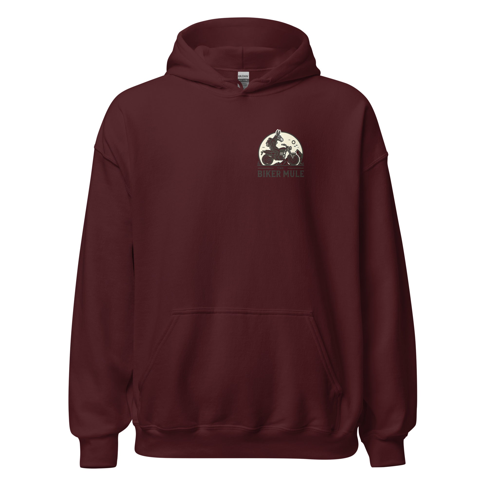 The Biker Mule maroon hoodie with motorcycle enthusiast merchandise logo on chest
