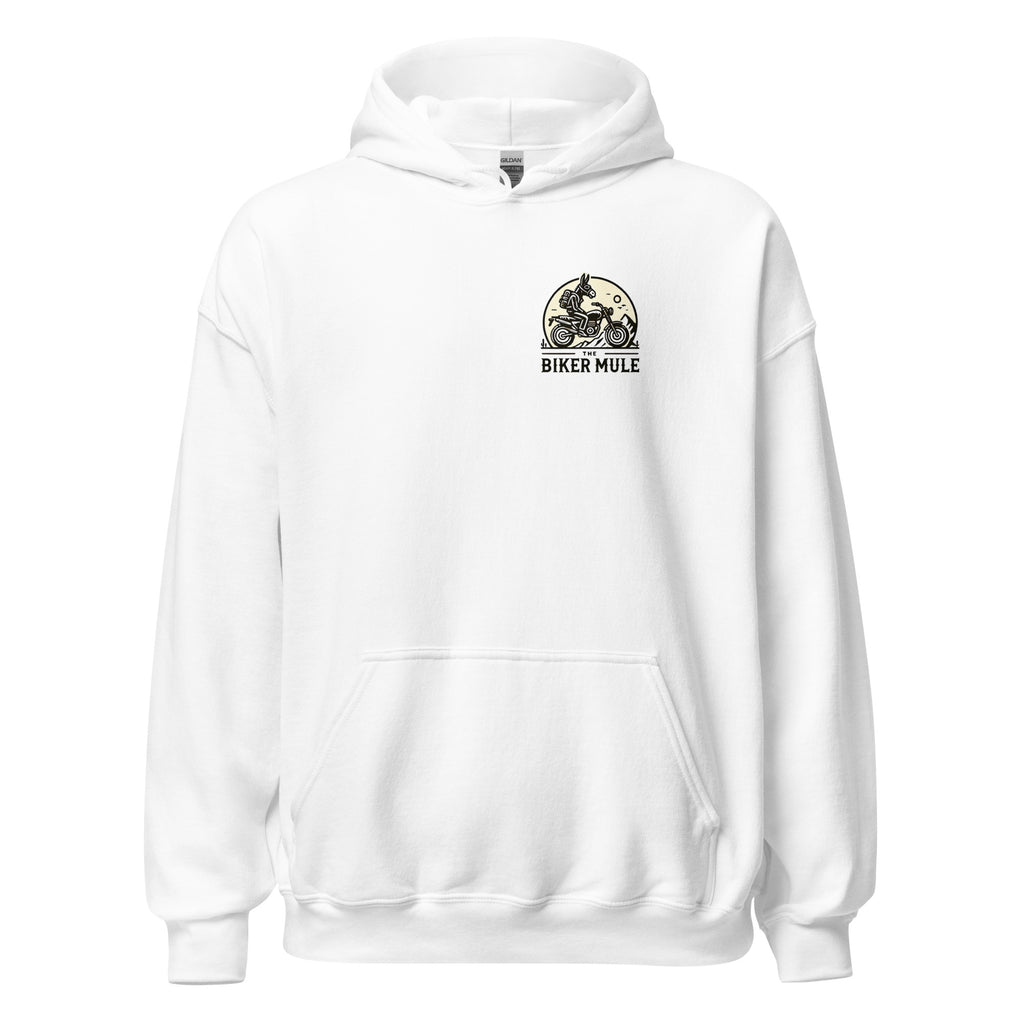 The Biker Mule white hoodie with motorcycle enthusiast merchandise logo featuring mule riding a bike