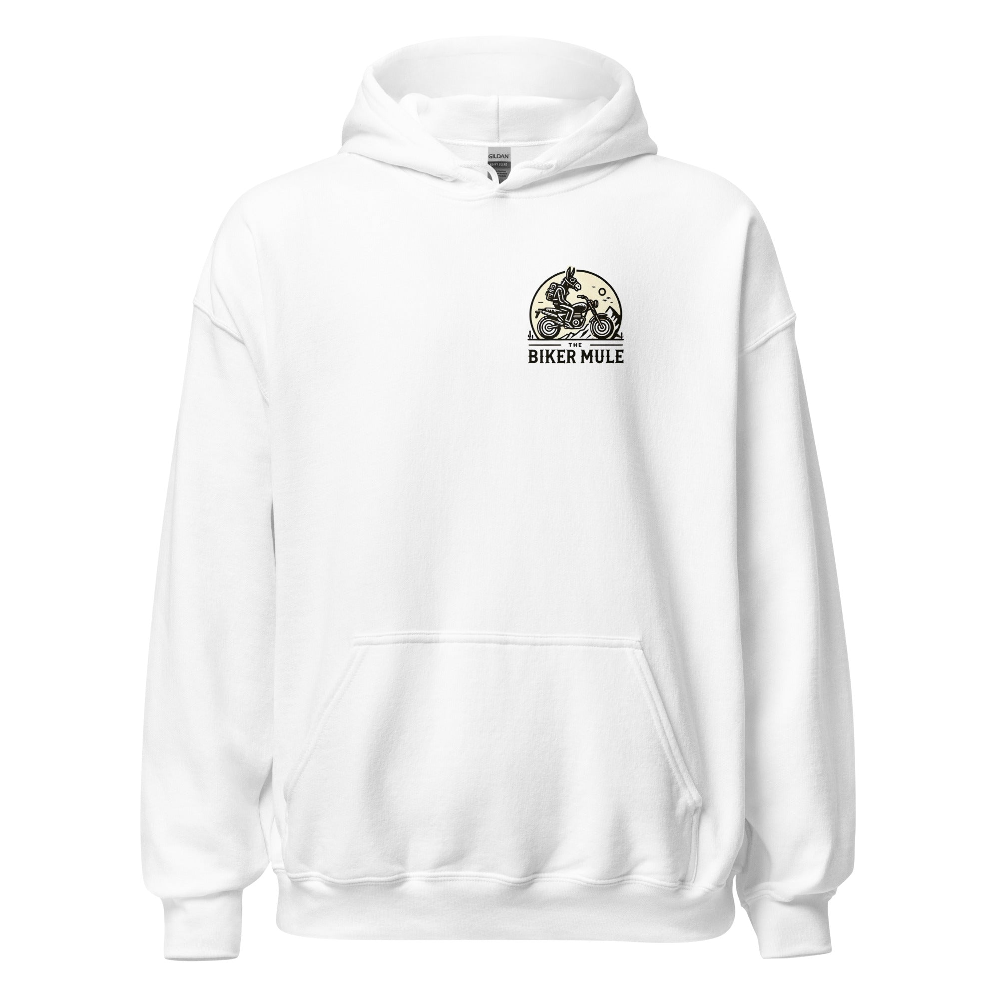 The Biker Mule white hoodie with motorcycle enthusiast merchandise logo featuring mule riding a bike