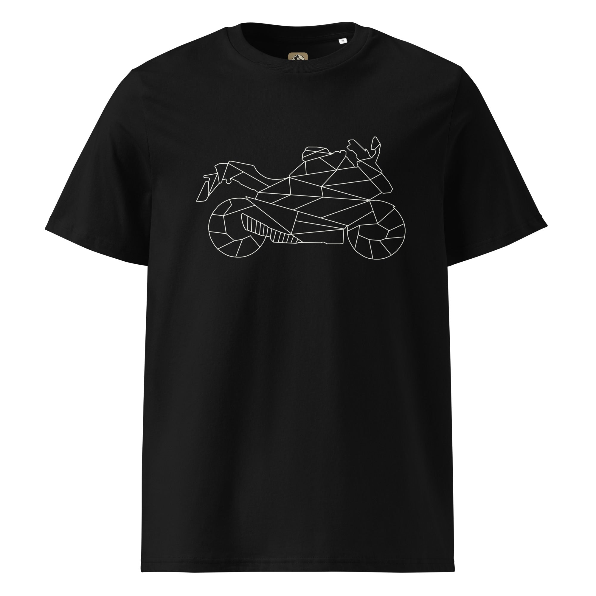 Black The Biker Mule motorcycle enthusiast shirt with white geometric motorcycle design