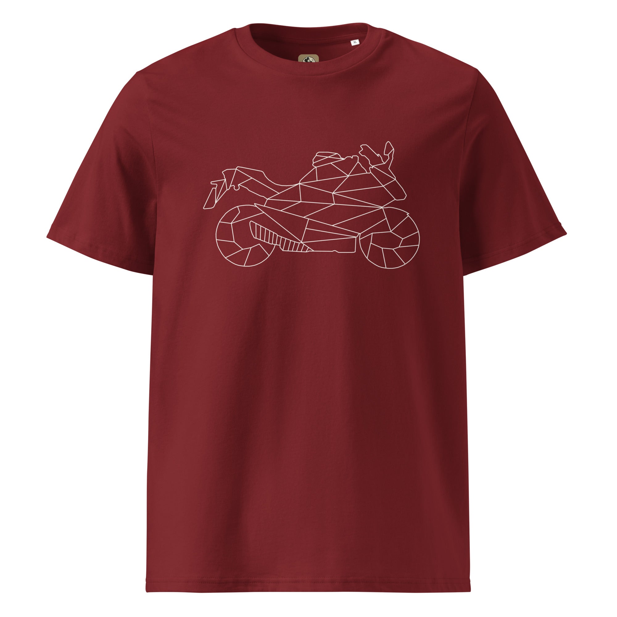 Maroon motorcycle enthusiast shirt with geometric motorcycle graphic by The Biker Mule