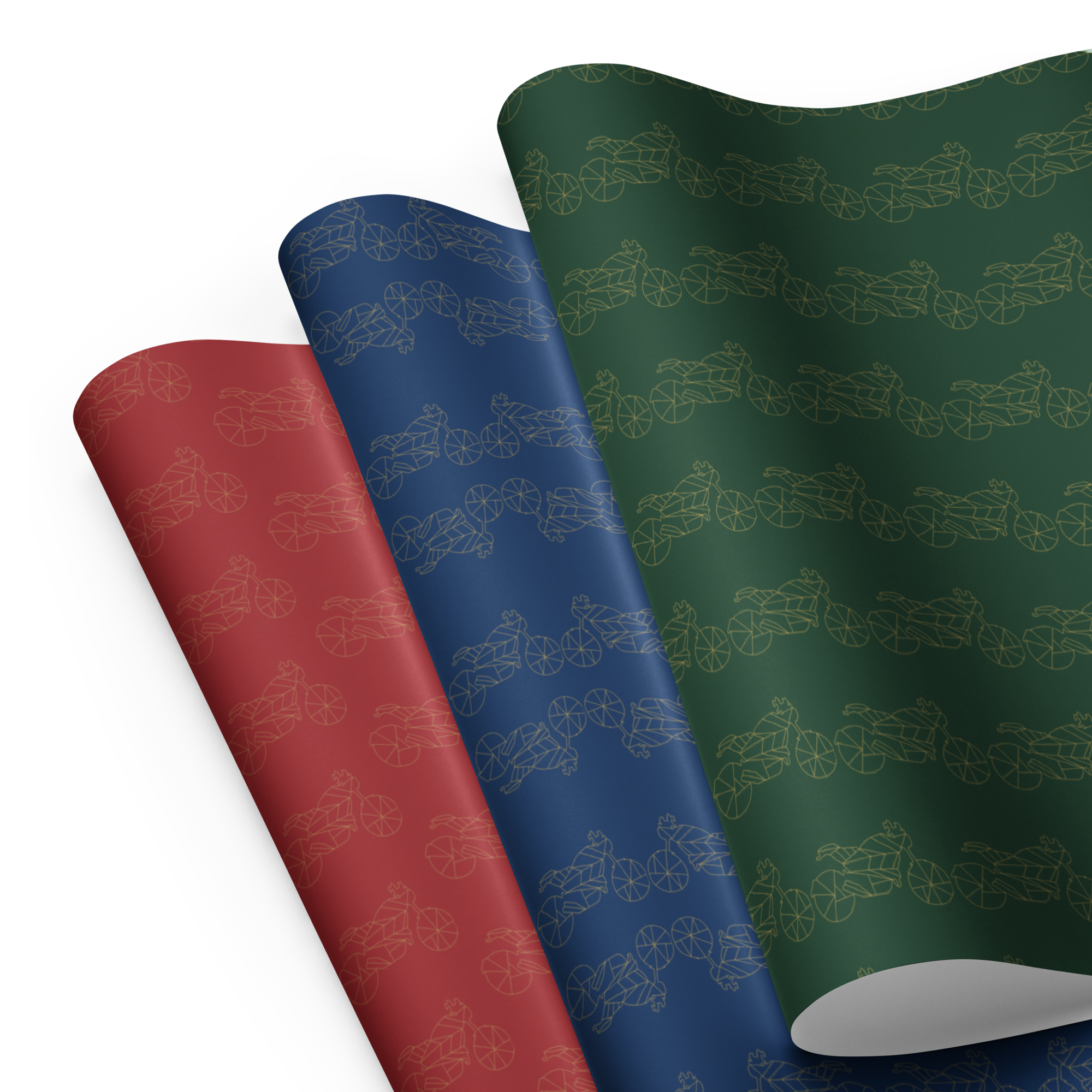 Colorful motorcycle gift wrapping paper featuring blue, red, and green patterns for bikers