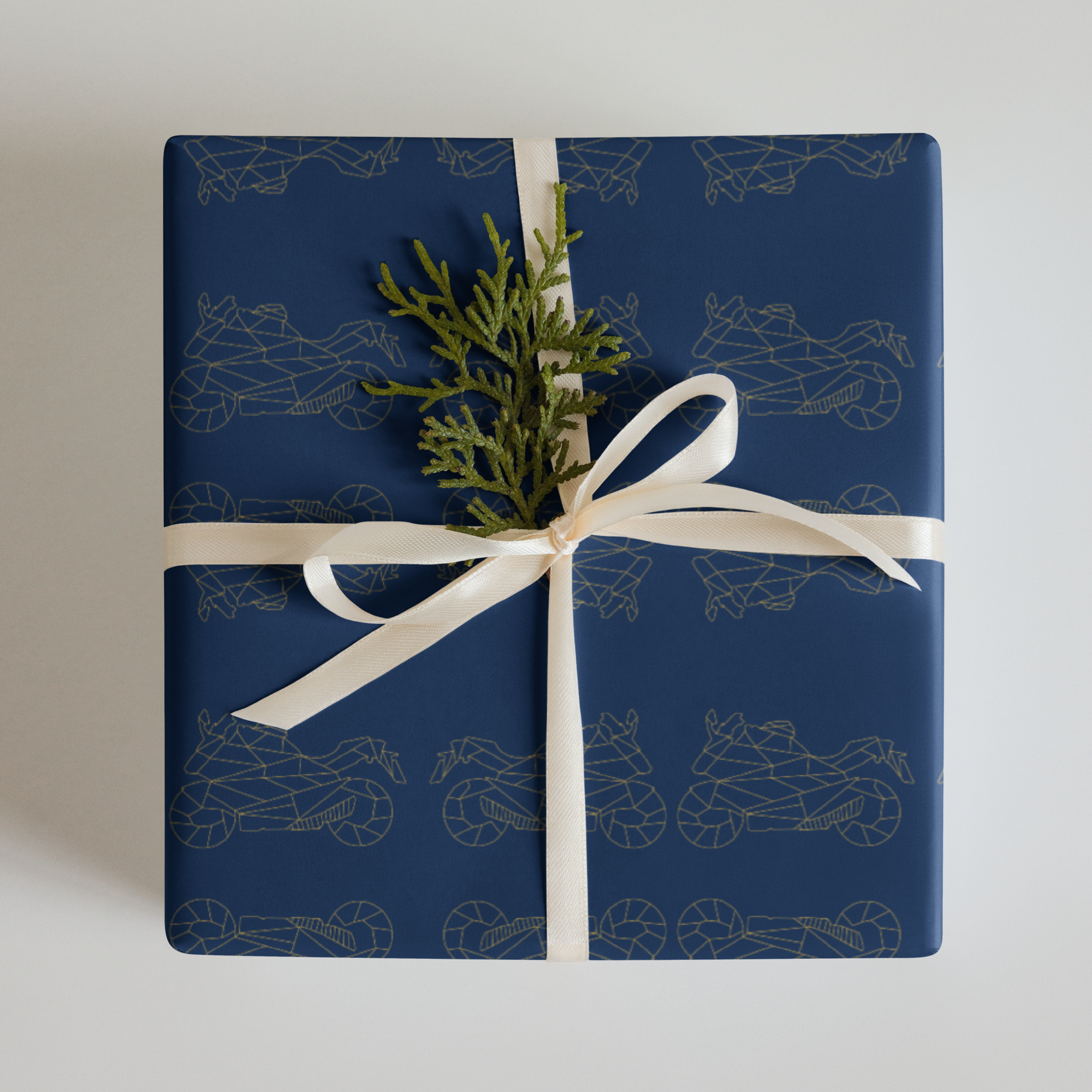 Stylish motorcycle gift wrapping paper in navy with gold motorcycle designs for unique presents