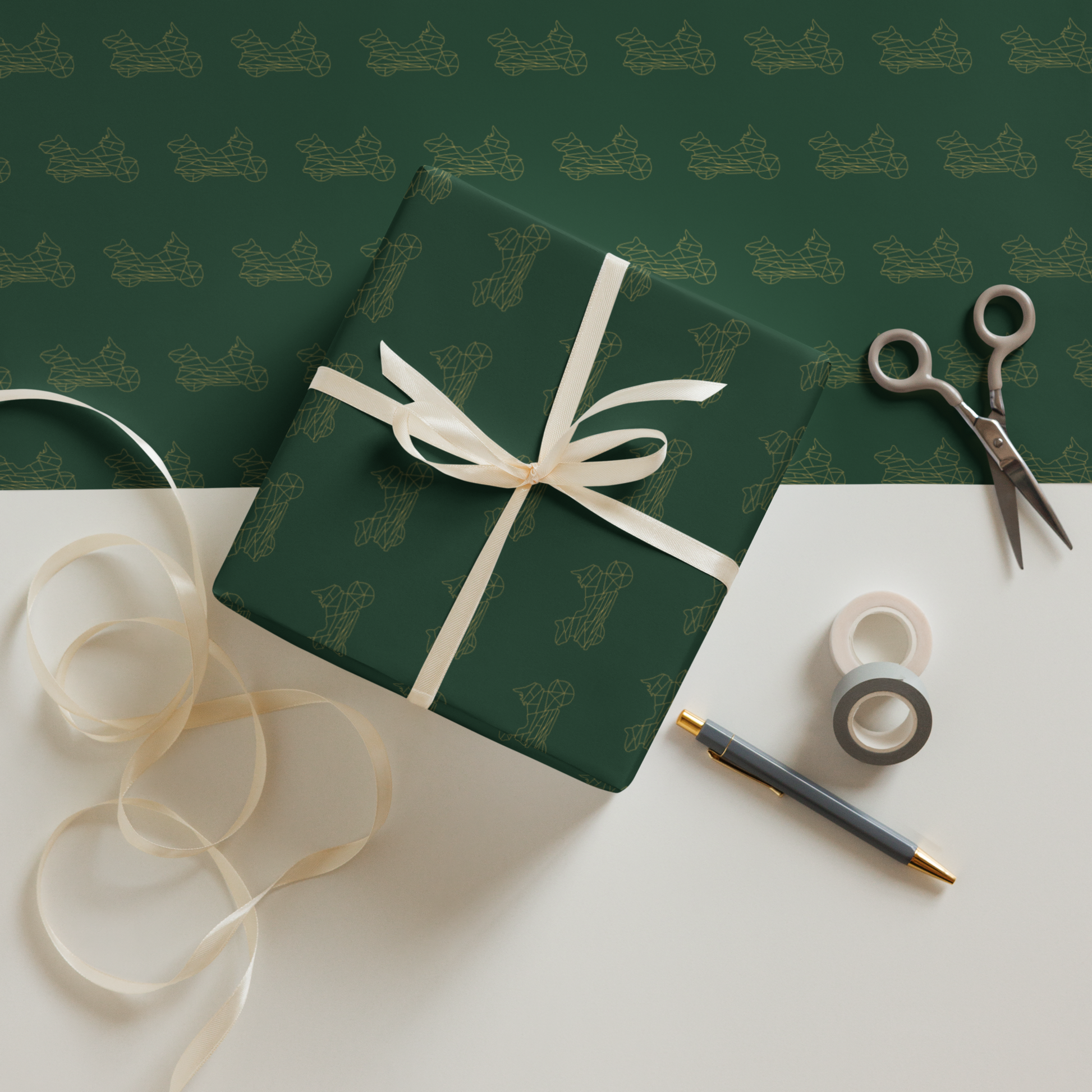 Green motorcycle gift wrapping paper with a stylish design, perfect for motorcycle enthusiasts