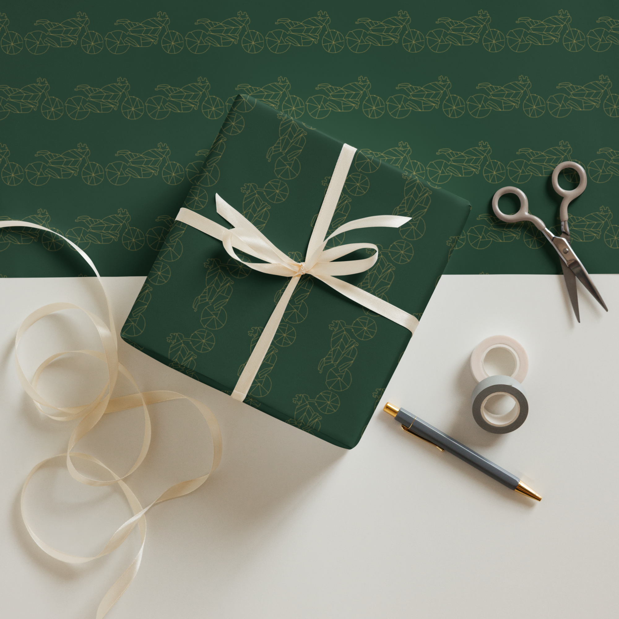 Green motorcycle gift wrapping paper with bike patterns, perfect for motorcycle enthusiasts