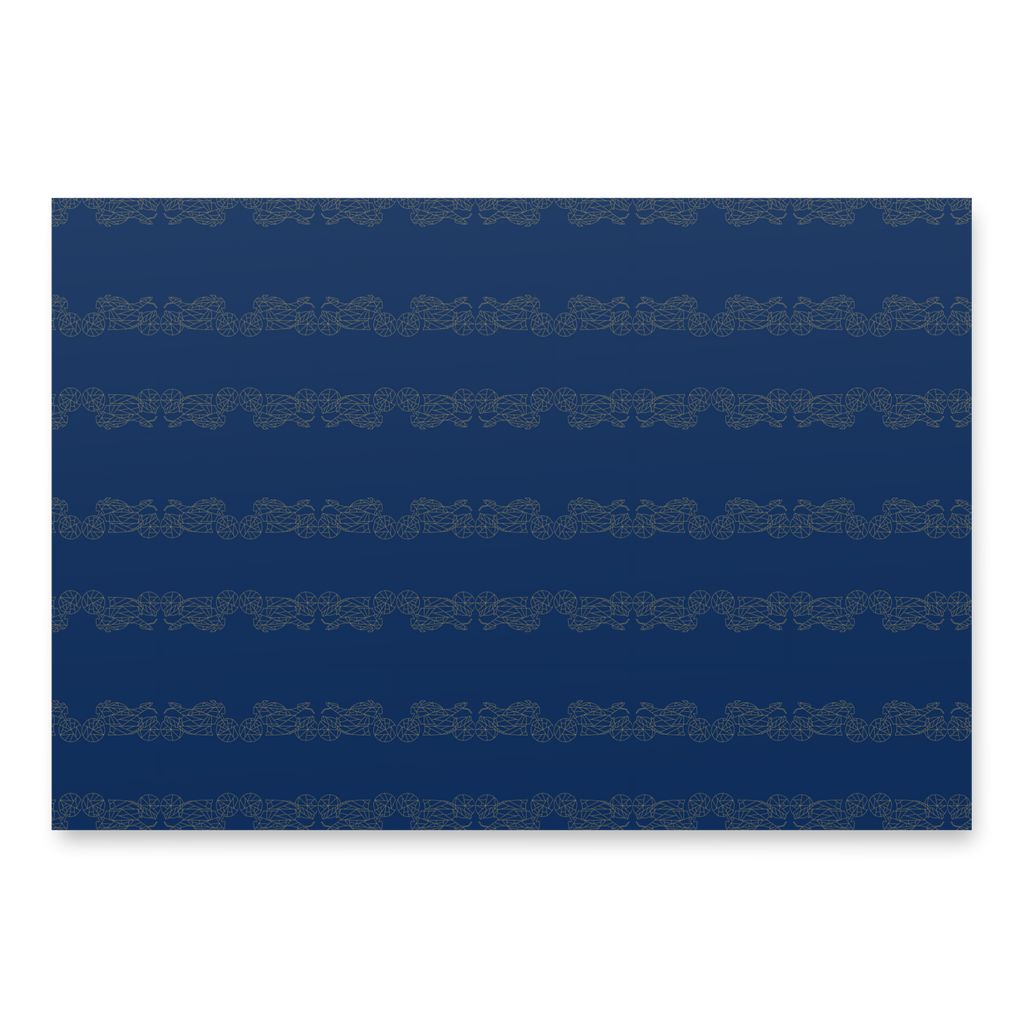 Navy blue motorcycle gift wrapping paper with intricate bike-inspired designs for unique gift presentation