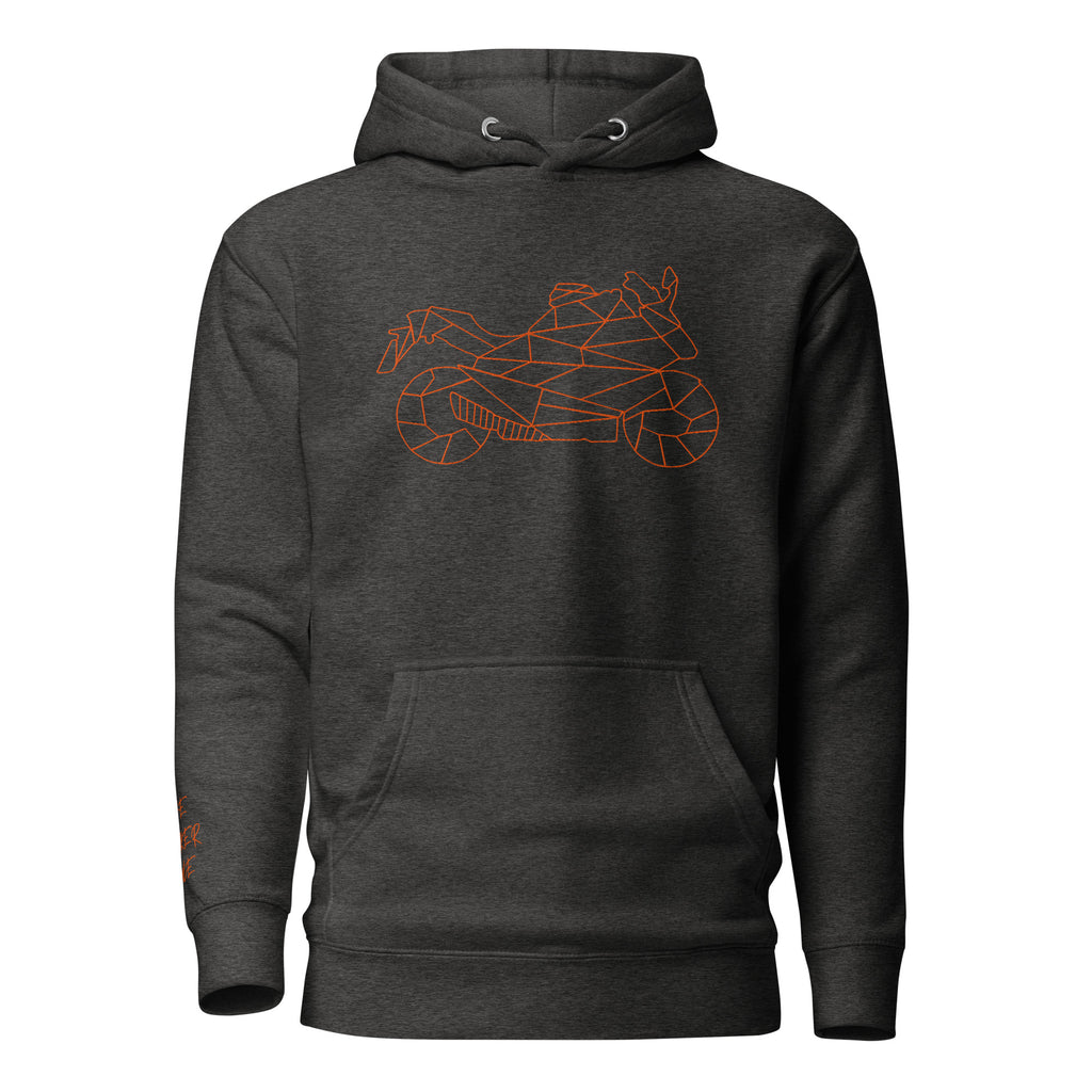 Graphite Motorcycle Halloween Hoodie with Orange Geometric Motorcycle Design for Fall Fashion