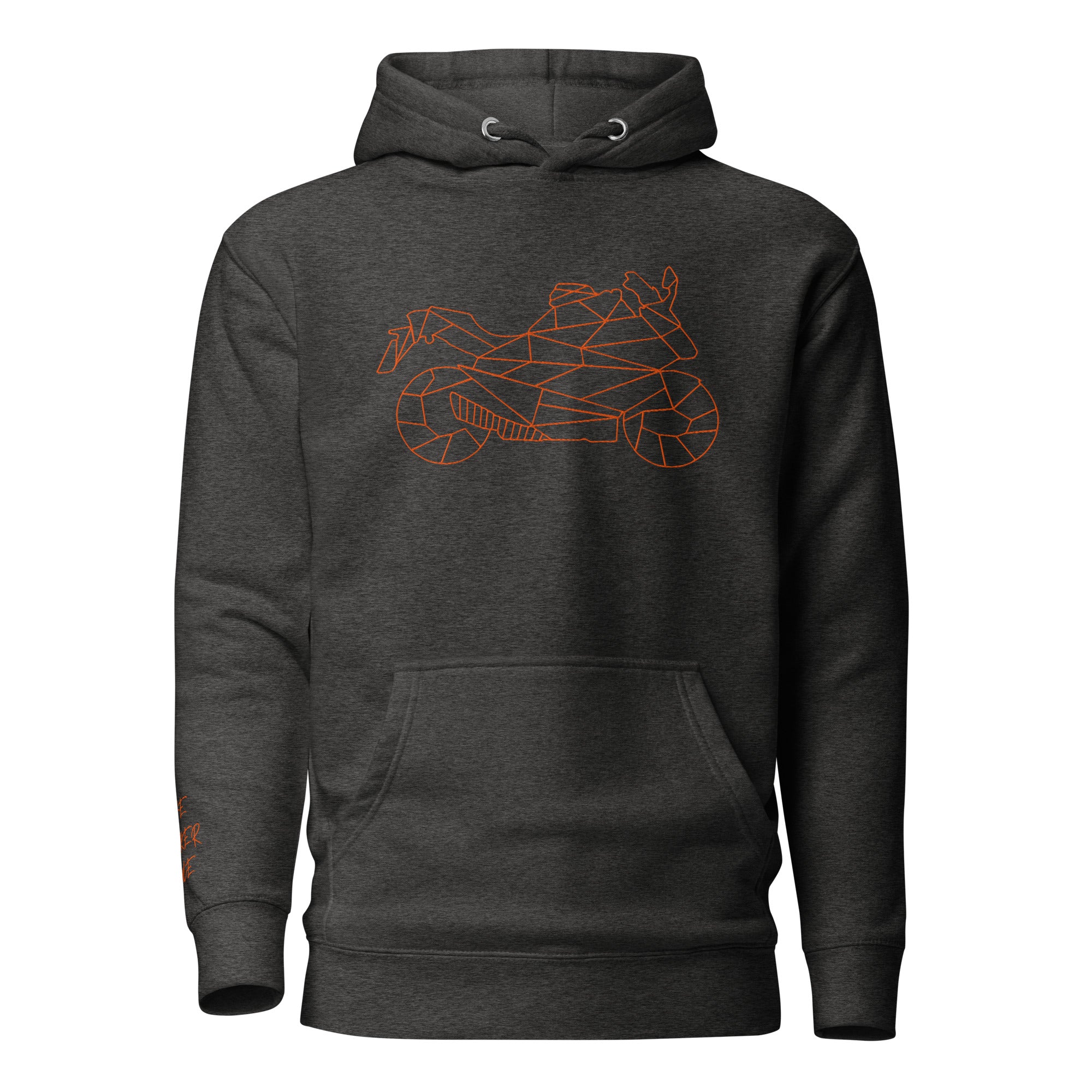 Graphite Motorcycle Halloween Hoodie with Orange Geometric Motorcycle Design for Fall Fashion