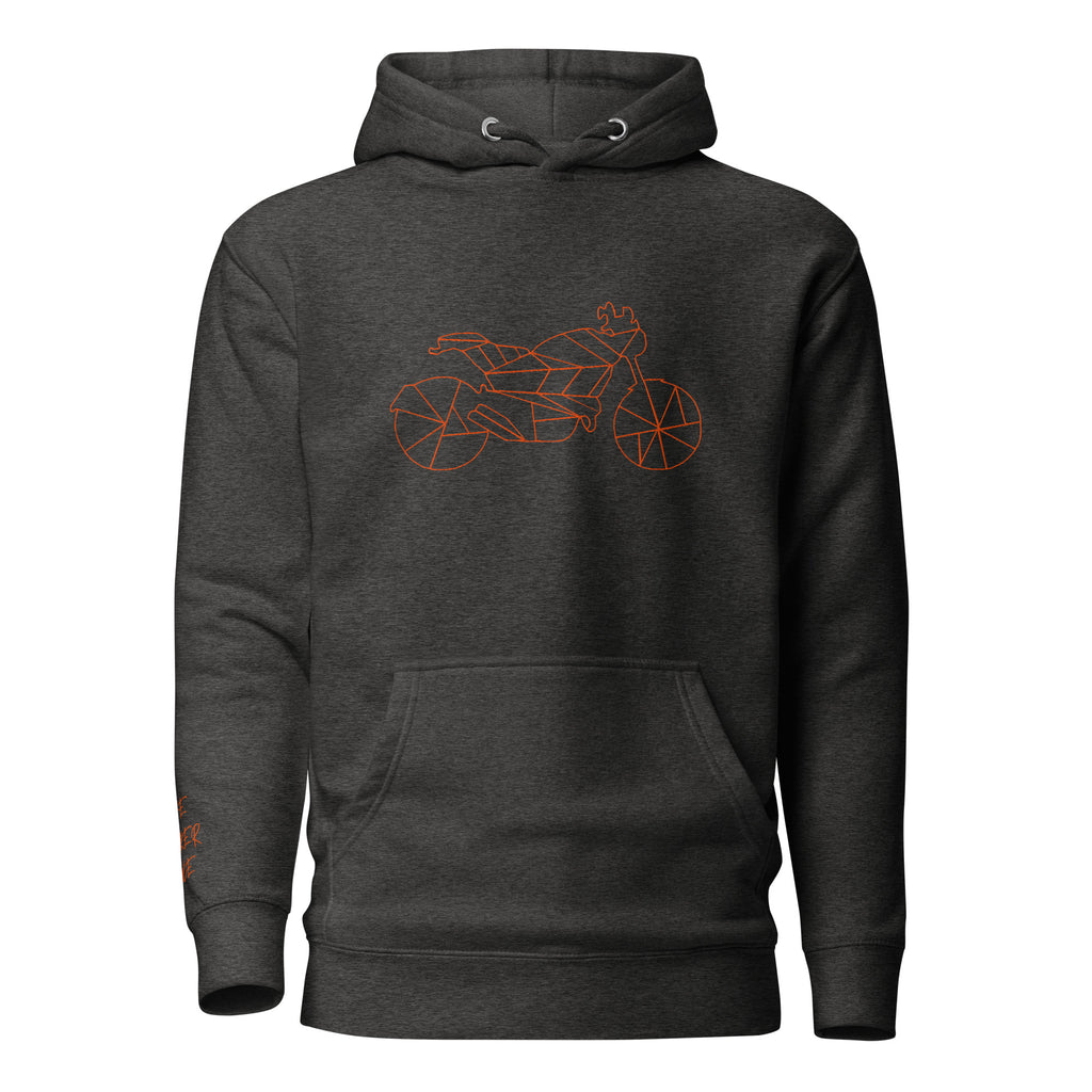 The Biker Mule Motorcycle Halloween hoodie in charcoal gray with a stylish bike graphic