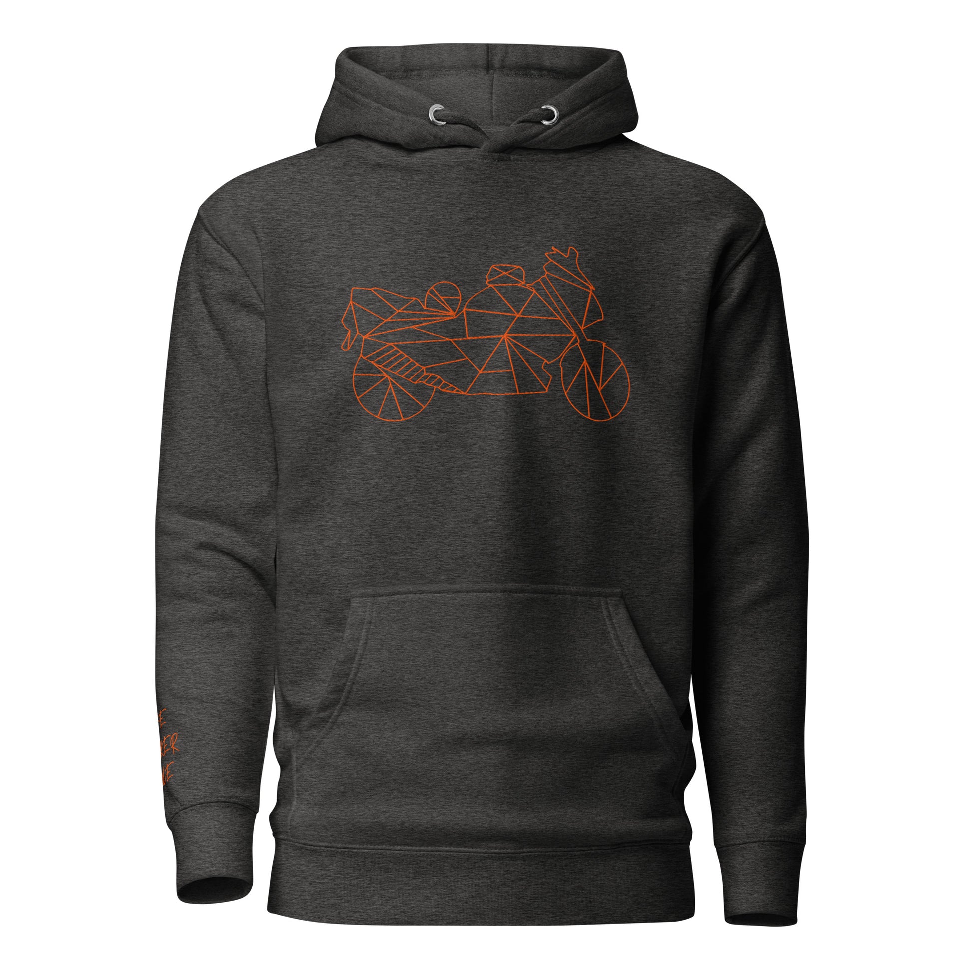 Dark gray motorcycle Halloween hoodie featuring a stylish orange geometric motorcycle design