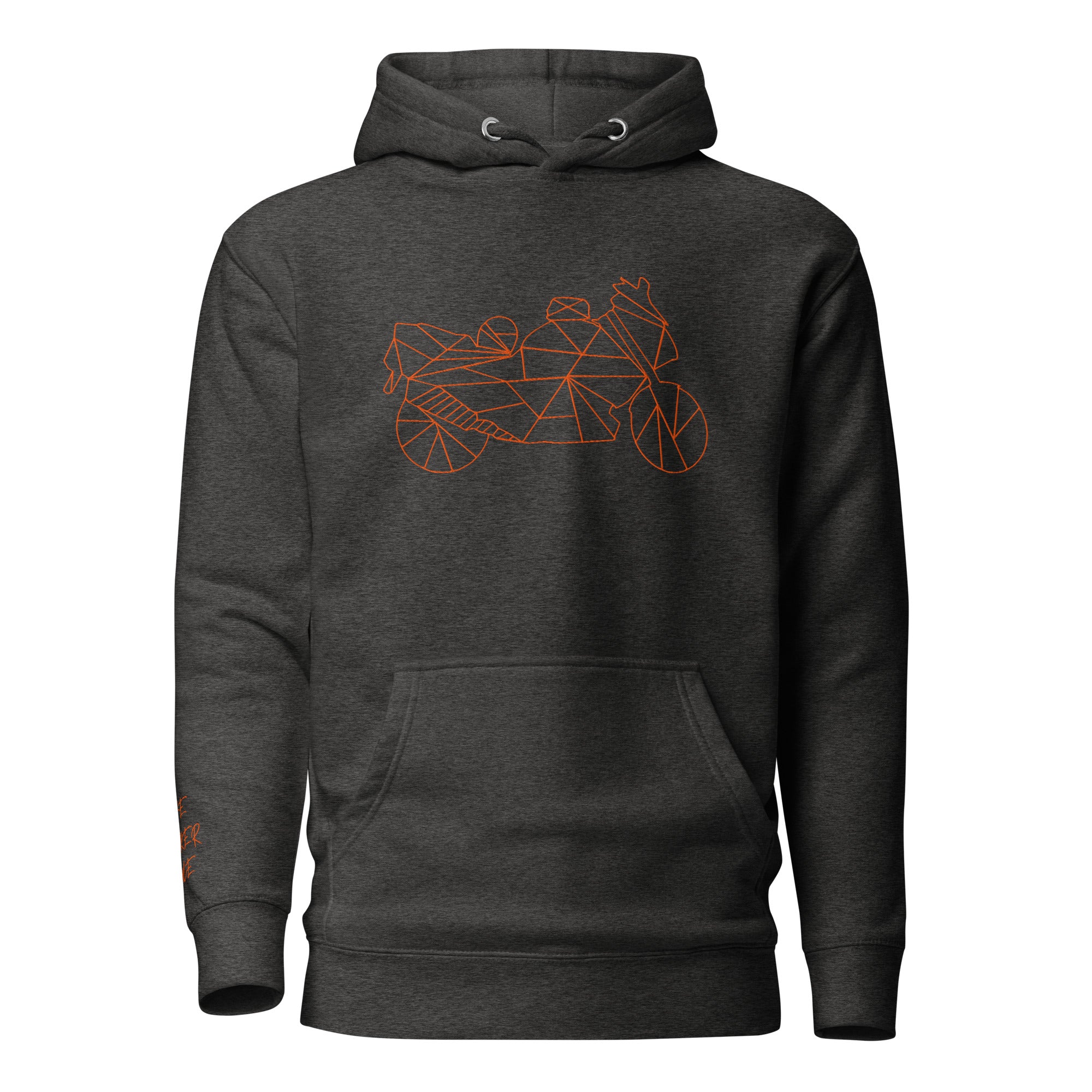 Dark gray motorcycle Halloween hoodie featuring a stylish orange geometric motorcycle design
