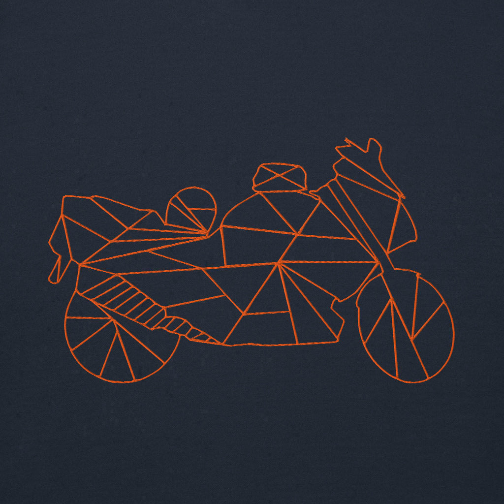 Geometric motorcycle design in orange on navy blue motorcycle Halloween hoodie from The Biker Mule