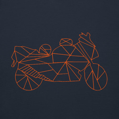 Geometric motorcycle design in orange on navy blue motorcycle Halloween hoodie from The Biker Mule